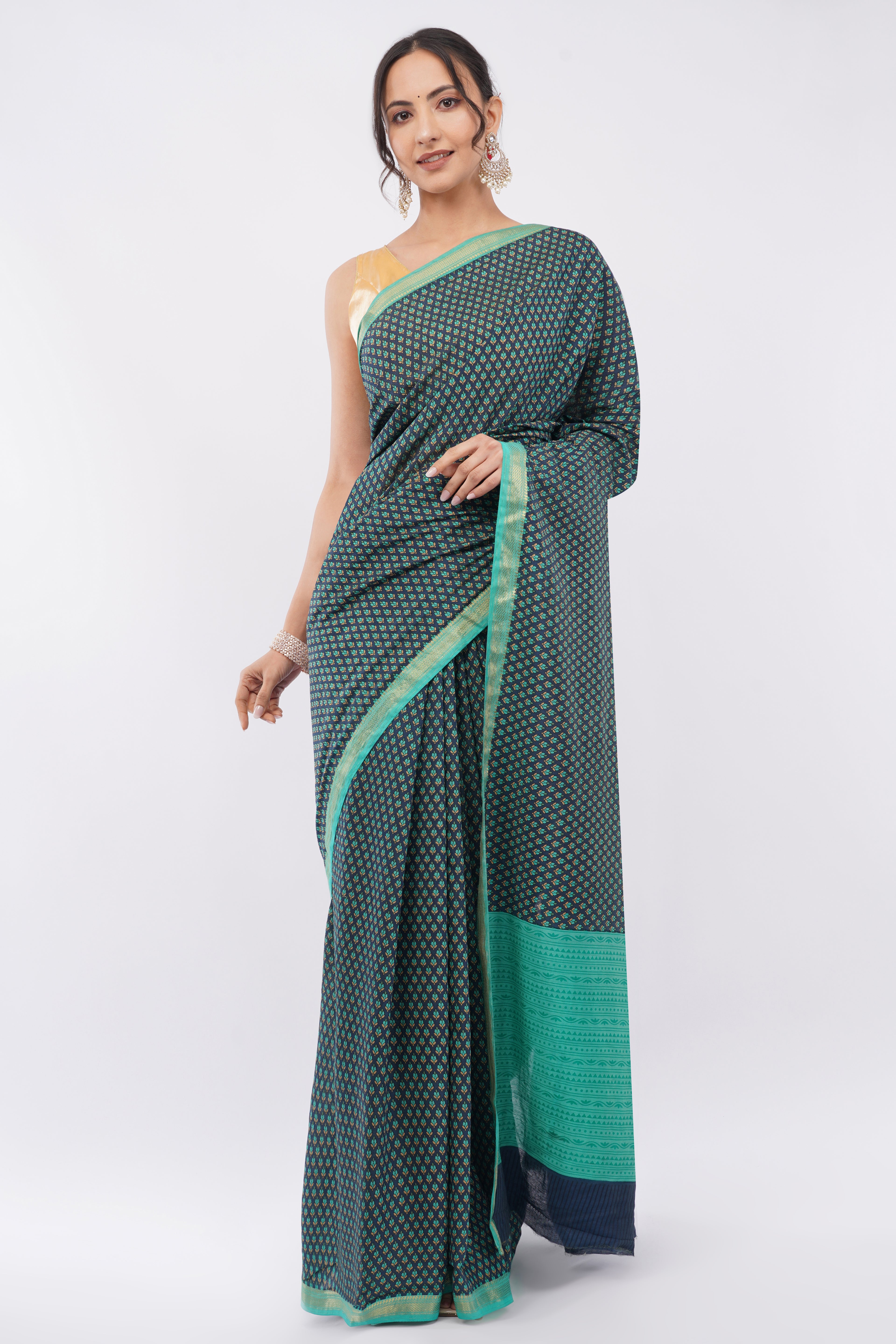 Tulip Handloom Deep Teal Micro-Print silk Blend Saree with Turquoise Zari Border