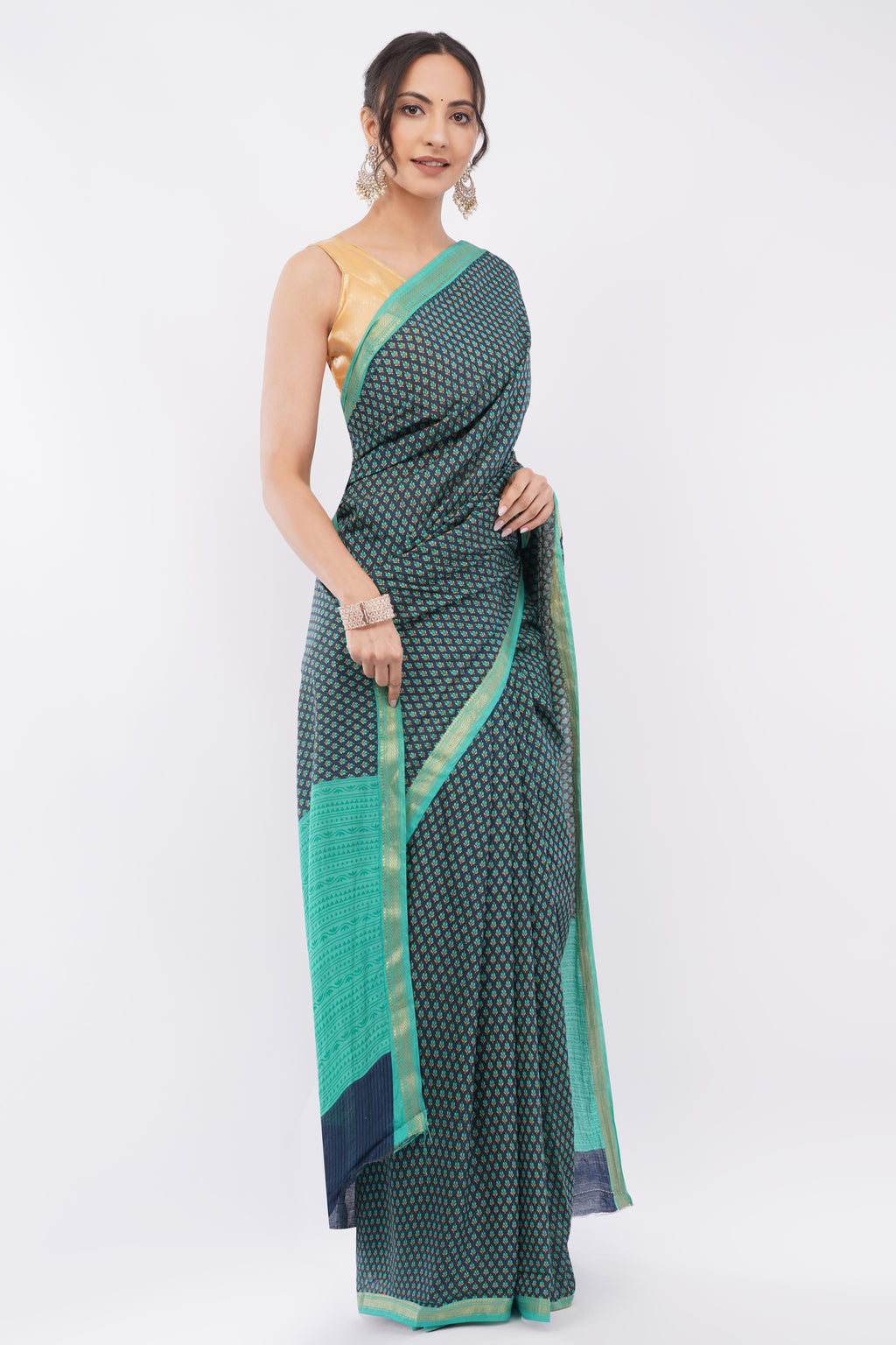 Tulip Handloom Deep Teal Micro-Print silk Blend Saree with Turquoise Zari Border