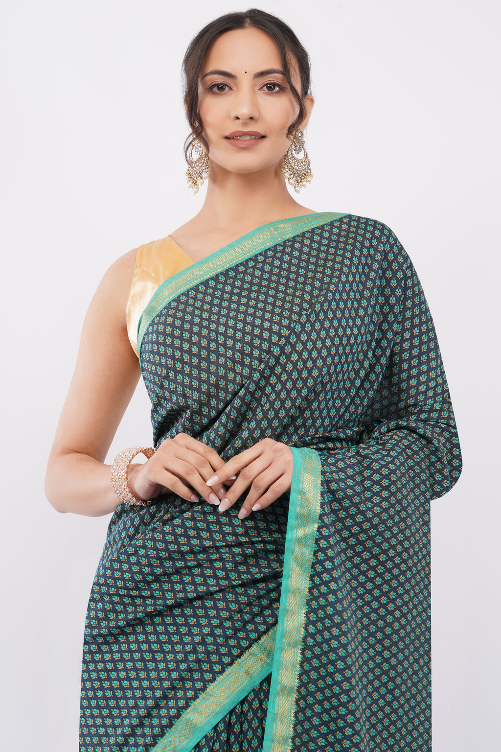 Tulip Handloom Deep Teal Micro-Print silk Blend Saree with Turquoise Zari Border