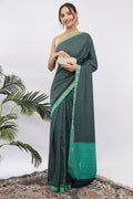 Tulip Handloom Deep Teal Micro-Print silk Blend Saree with Turquoise Zari Border