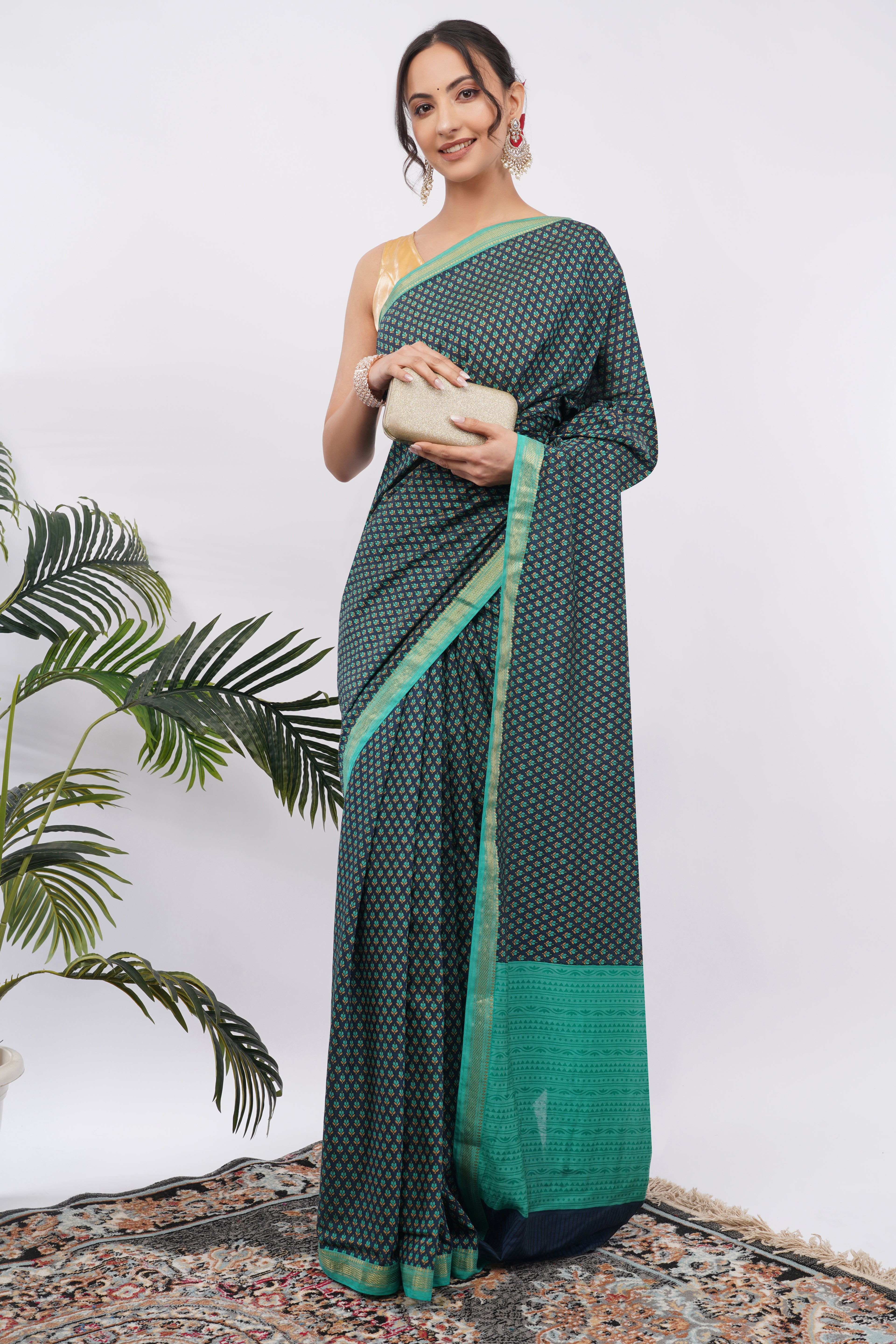 Tulip Handloom Deep Teal Micro-Print silk Blend Saree with Turquoise Zari Border