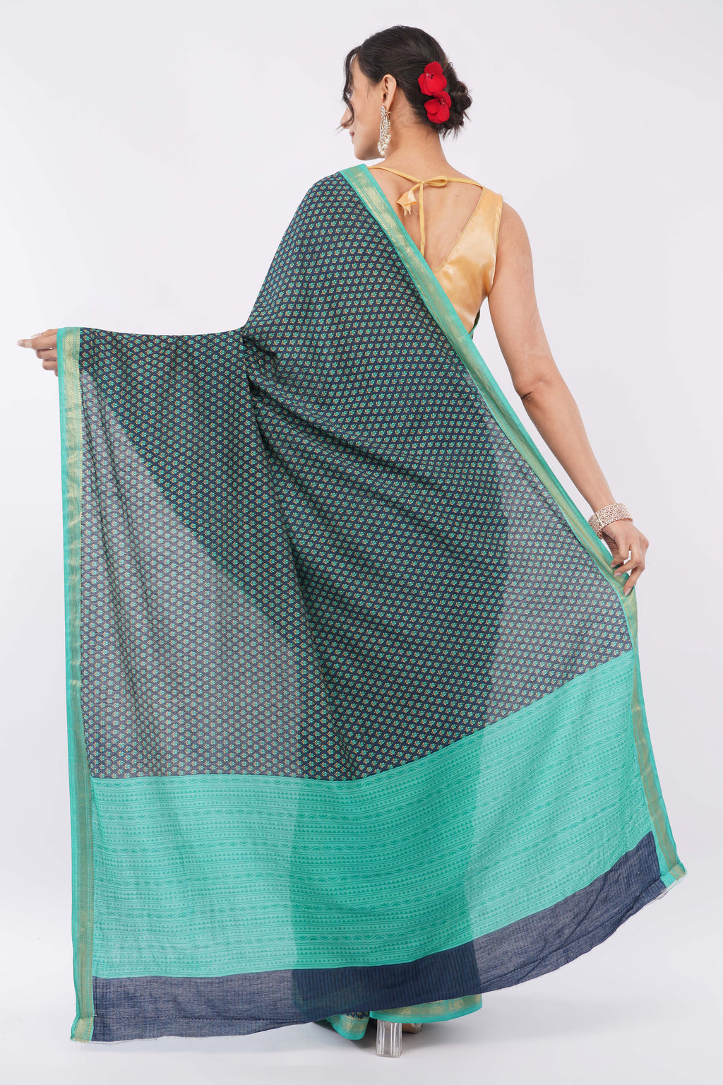 Tulip Handloom Deep Teal Micro-Print silk Blend Saree with Turquoise Zari Border
