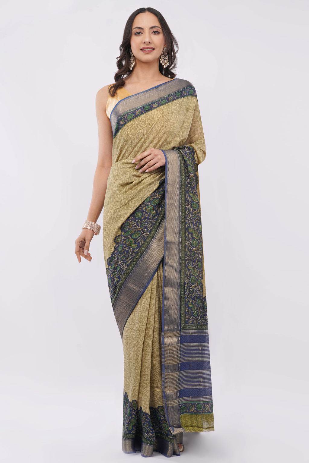 Tulip Handloom khaki yellow cotton Saree with Navy Blue Floral Zari Border