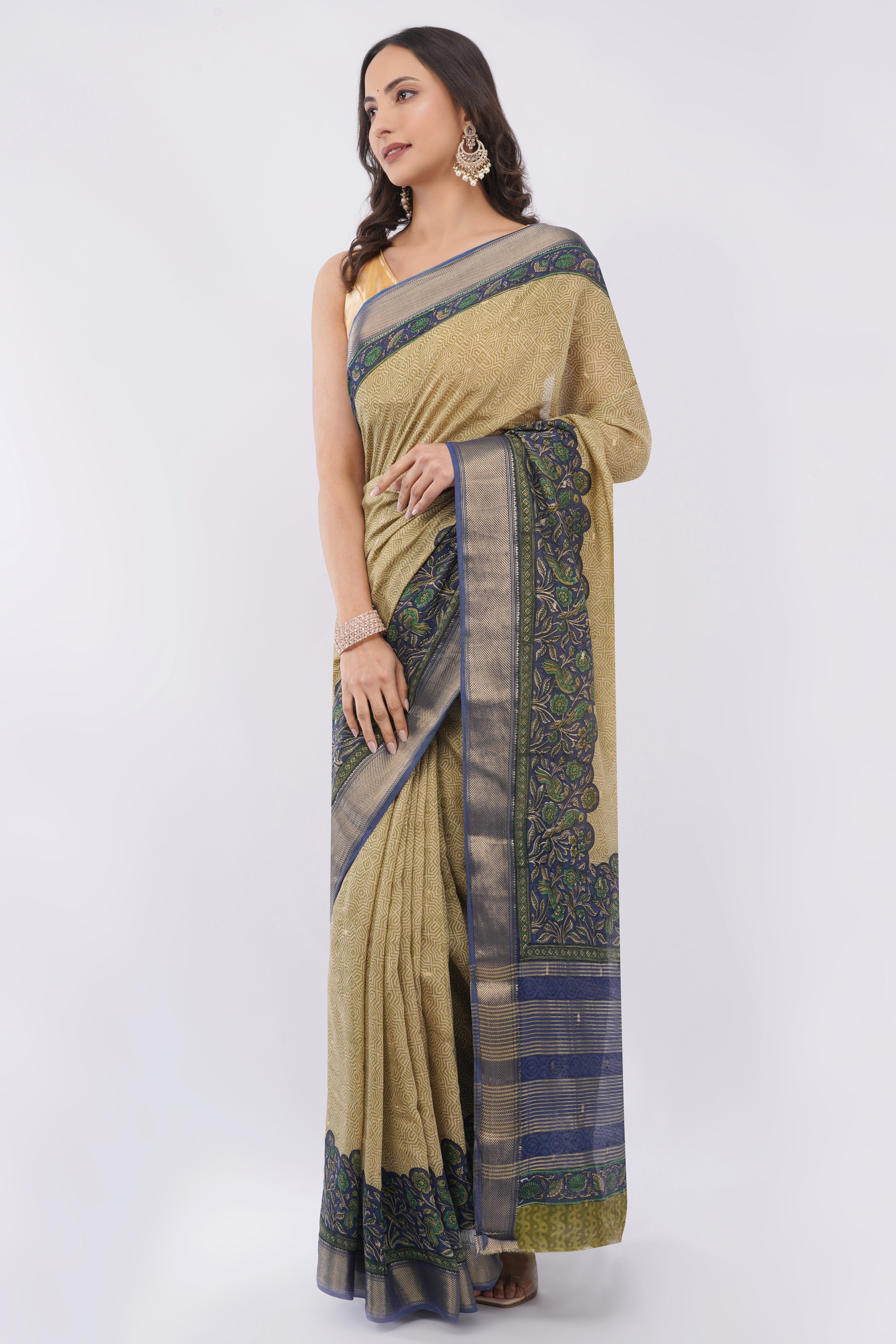 Tulip Handloom khaki yellow cotton Saree with Navy Blue Floral Zari Border