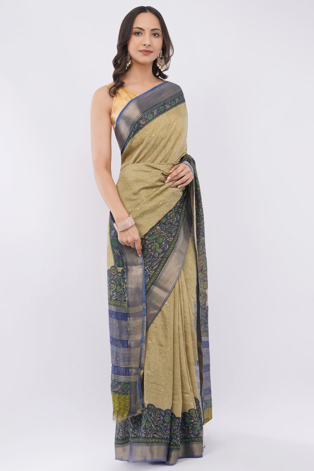 Tulip Handloom khaki yellow cotton Saree with Navy Blue Floral Zari Border