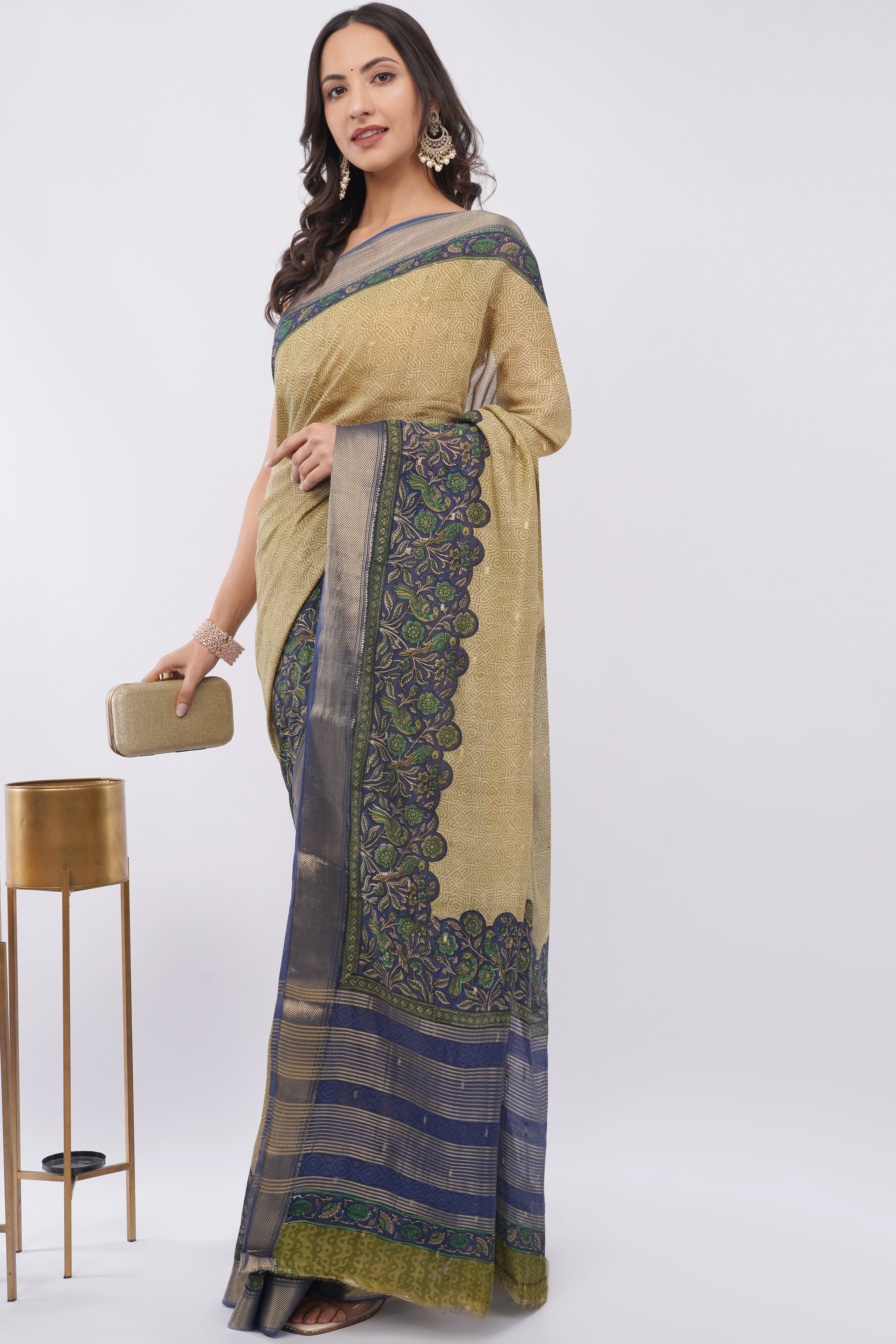 Tulip Handloom khaki yellow cotton Saree with Navy Blue Floral Zari Border