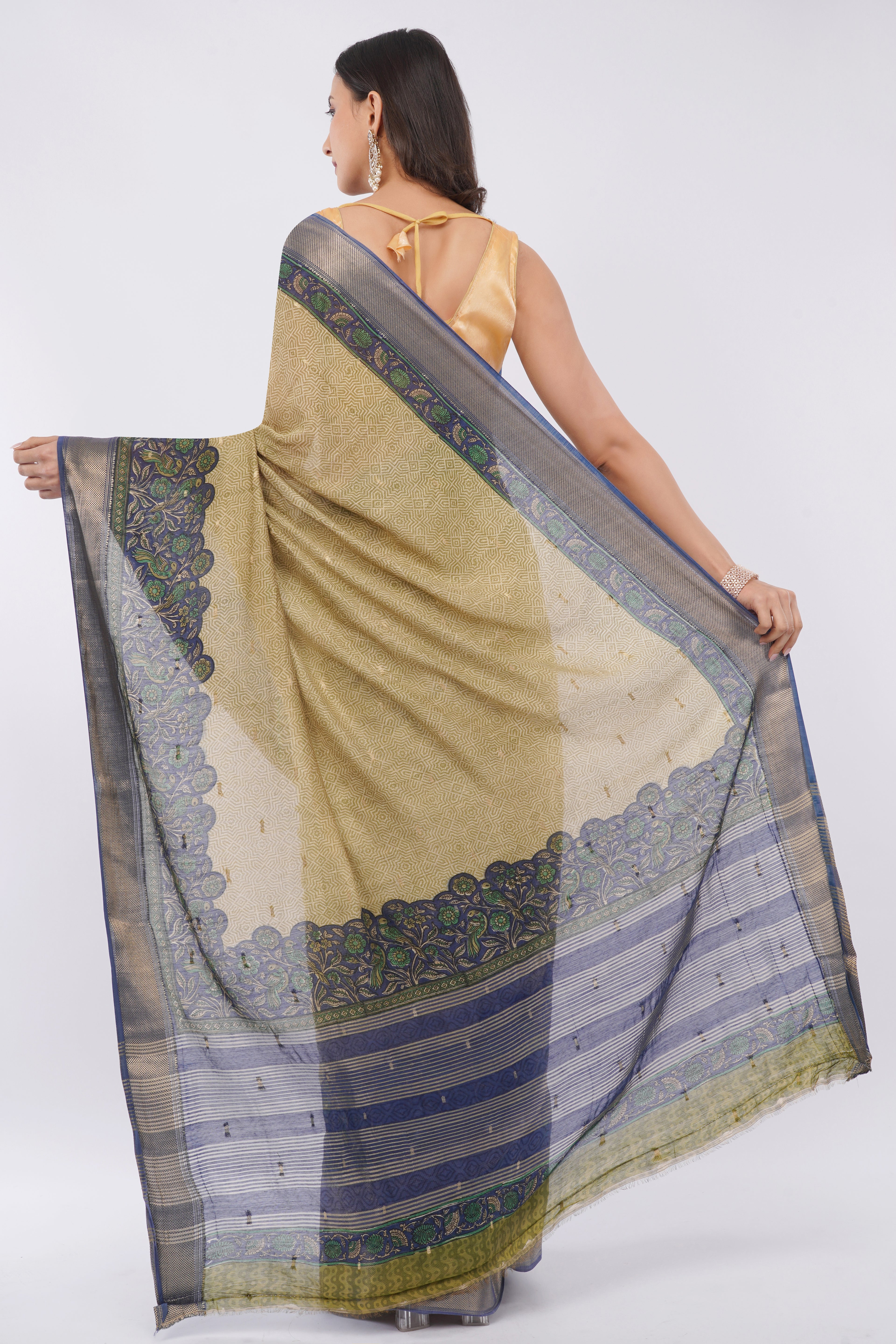 Tulip Handloom khaki yellow cotton Saree with Navy Blue Floral Zari Border