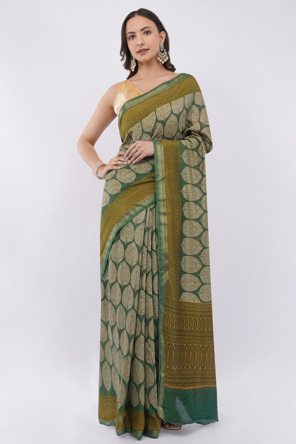 Elegant Olive Green Leaf Motif Printed Saree with Mustard Paisley Border