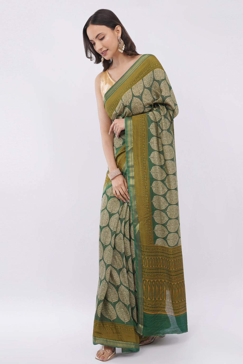 Elegant Olive Green Leaf Motif Printed Saree with Mustard Paisley Border