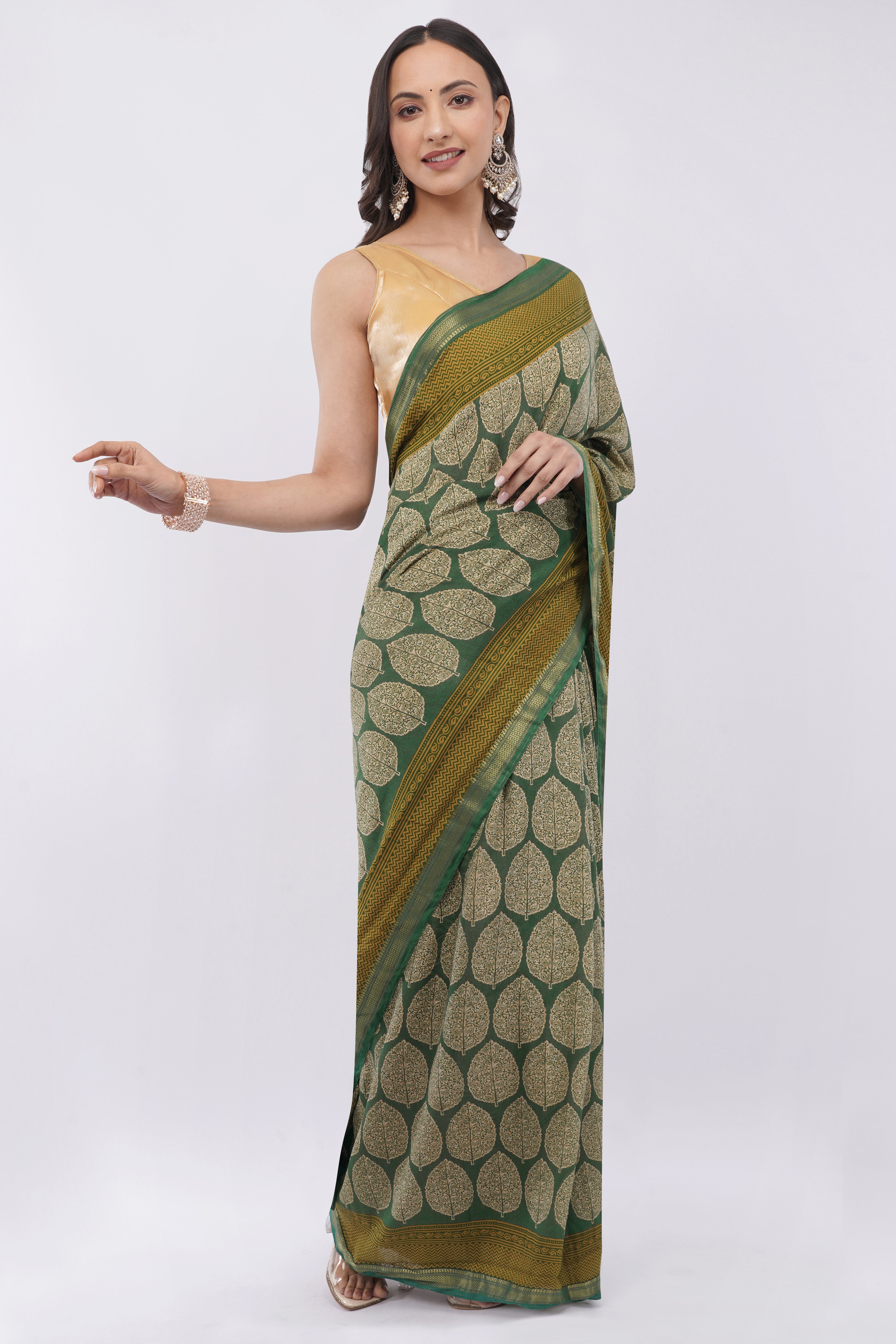 Elegant Olive Green Leaf Motif Printed Saree with Mustard Paisley Border