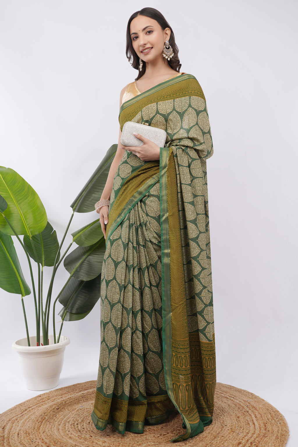Elegant Olive Green Leaf Motif Printed Saree with Mustard Paisley Border
