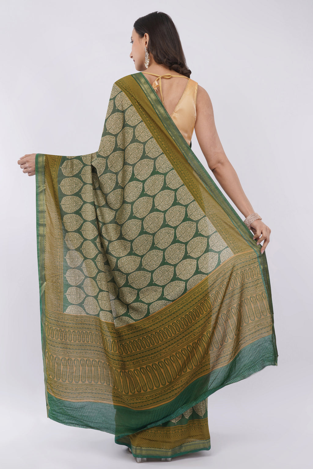 Elegant Olive Green Leaf Motif Printed Saree with Mustard Paisley Border