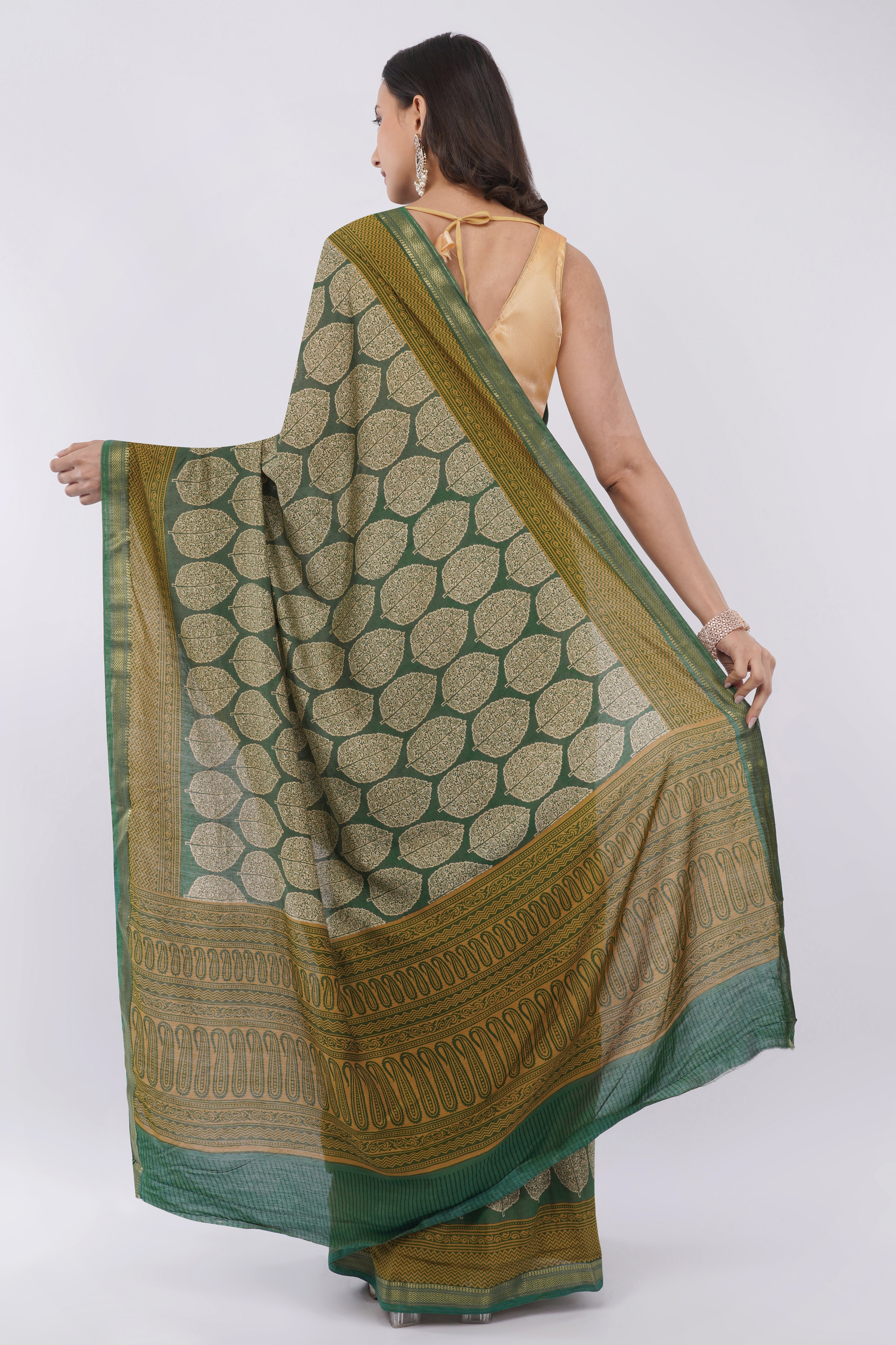 Elegant Olive Green Leaf Motif Printed Saree with Mustard Paisley Border