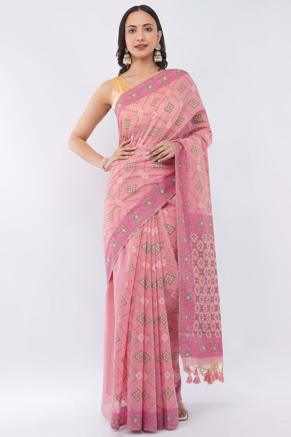 Authentic Bengal Handloom soft rose pink Cotton Jamdani Saree with green Floral Motifs