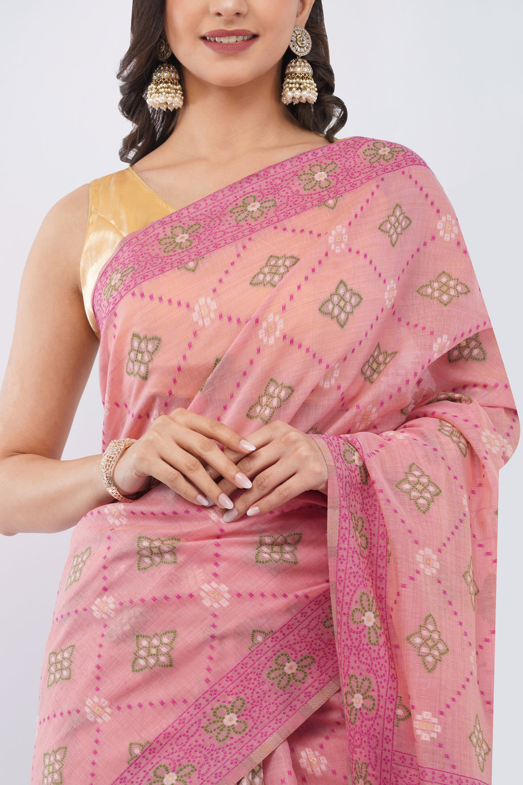 Authentic Bengal Handloom soft rose pink Cotton Jamdani Saree with green Floral Motifs