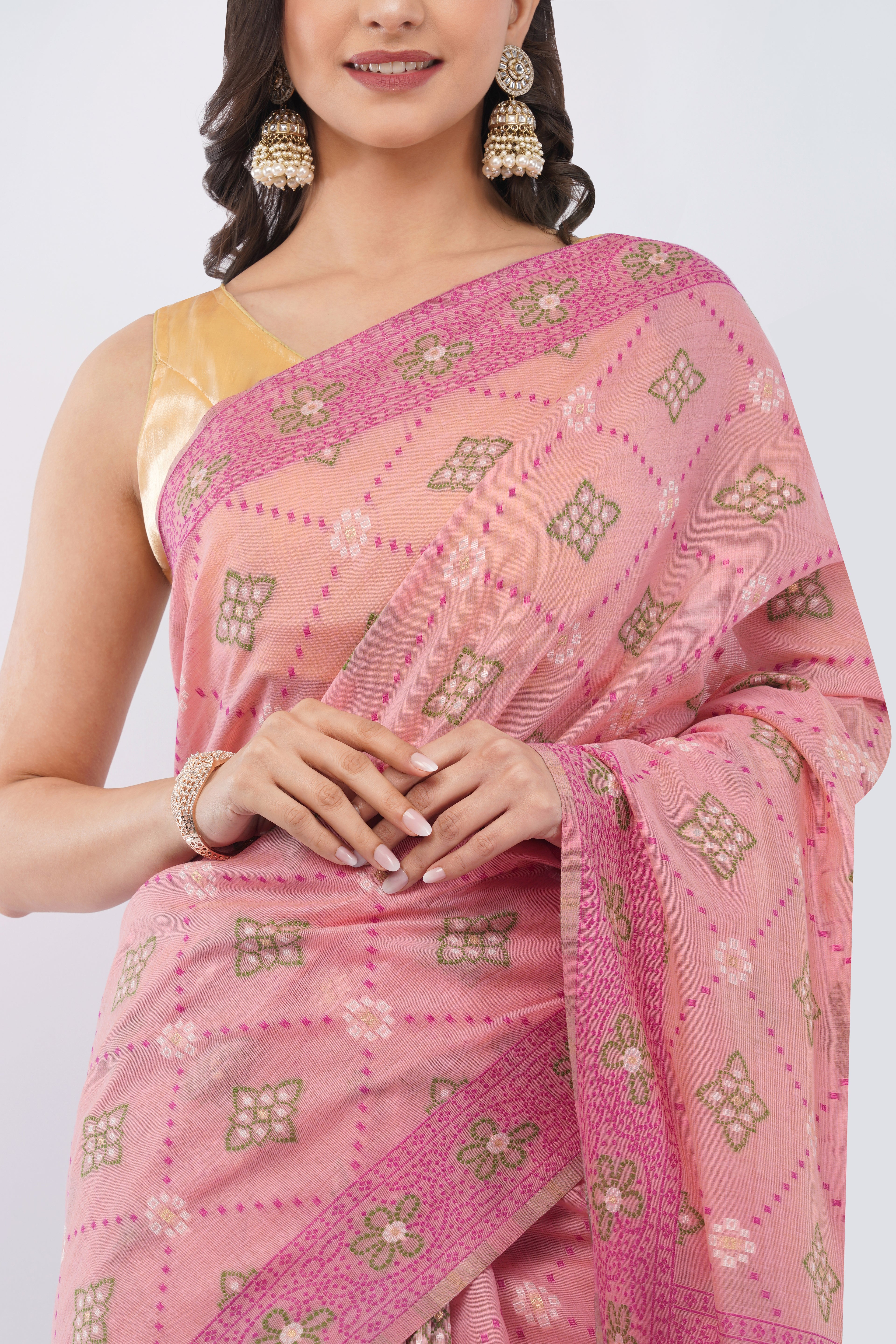 Authentic Bengal Handloom soft rose pink Cotton Jamdani Saree with green Floral Motifs