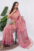 Authentic Bengal Handloom soft rose pink Cotton Jamdani Saree with green Floral Motifs