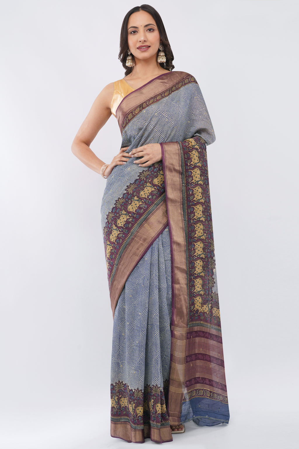 Tulip Handloom Slate Blue Silk Blend Saree with Pichwai Cow Motif Border