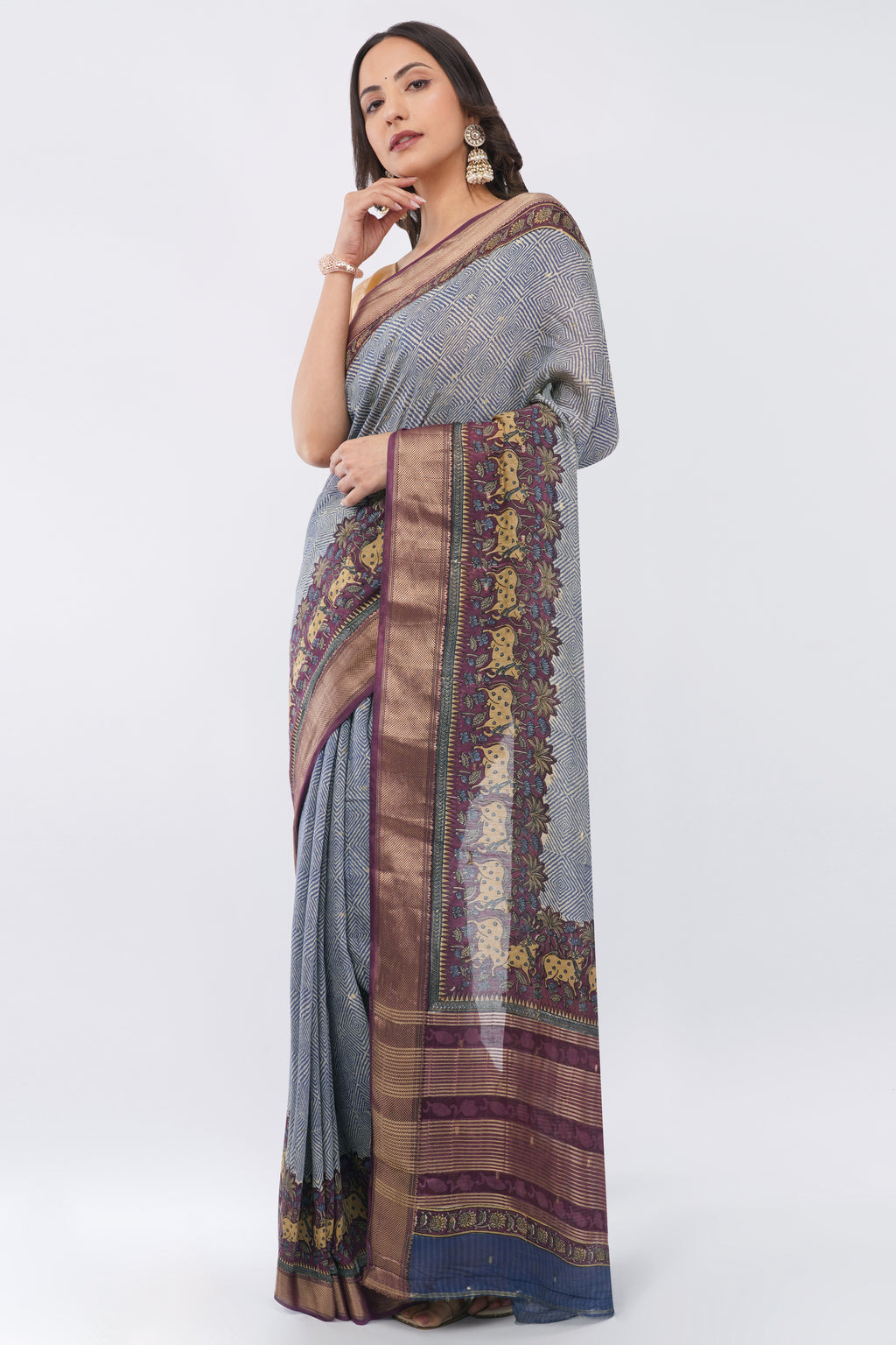 Tulip Handloom Slate Blue Silk Blend Saree with Pichwai Cow Motif Border