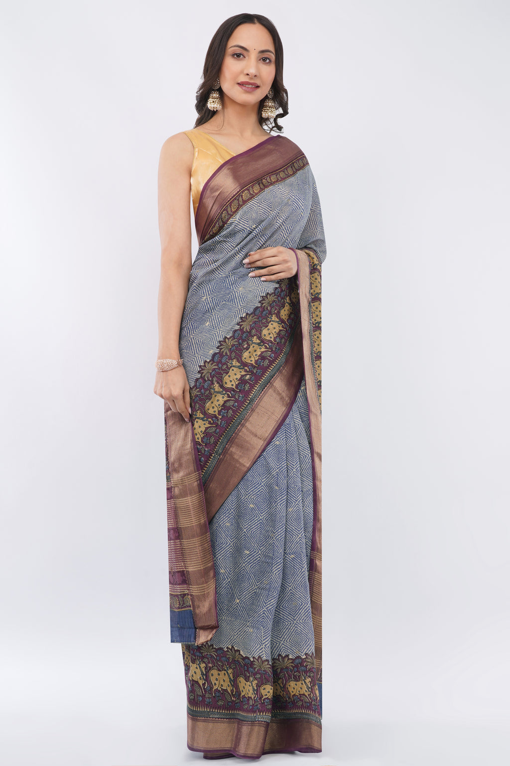 Tulip Handloom Slate Blue Silk Blend Saree with Pichwai Cow Motif Border