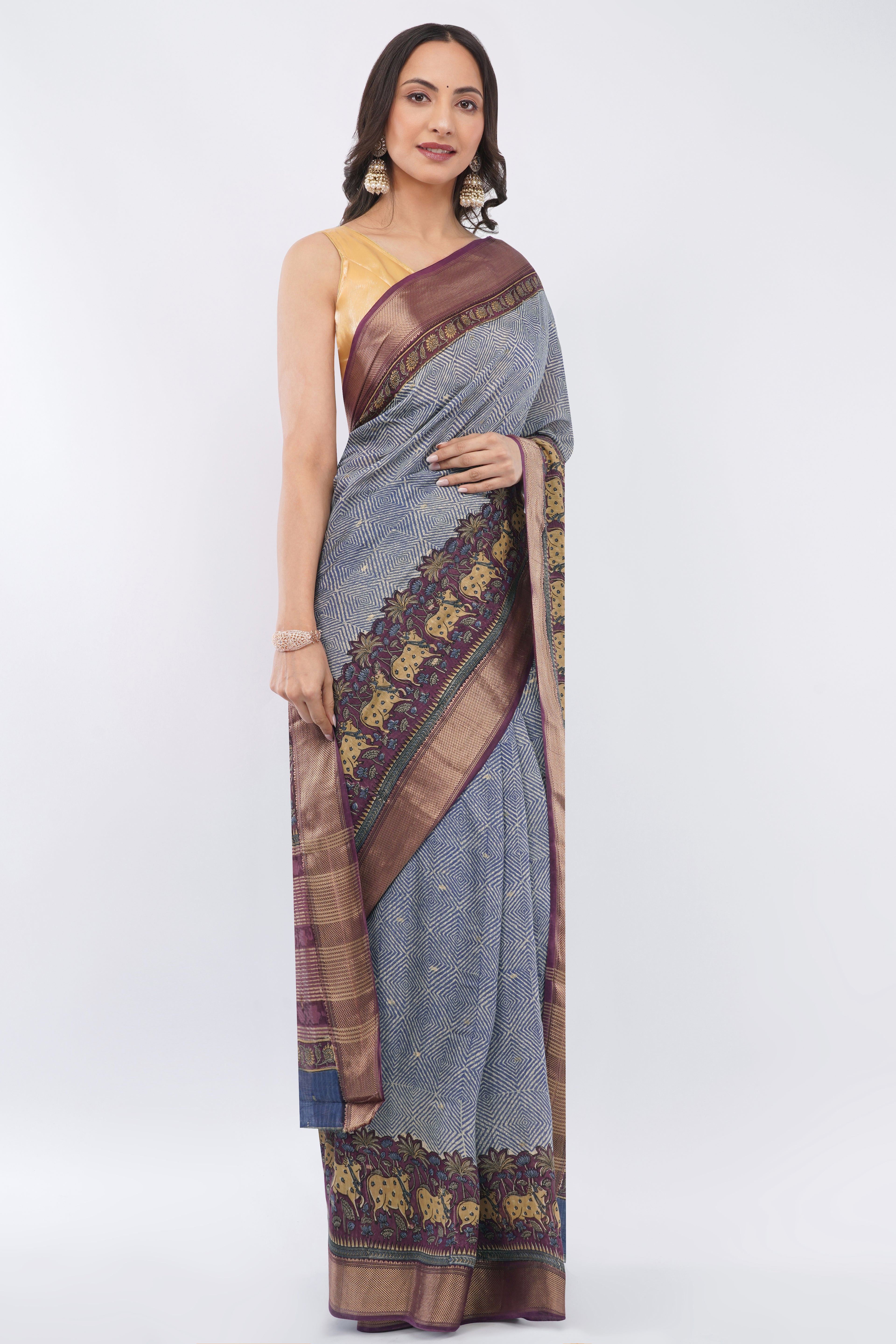 Tulip Handloom Slate Blue Silk Blend Saree with Pichwai Cow Motif Border