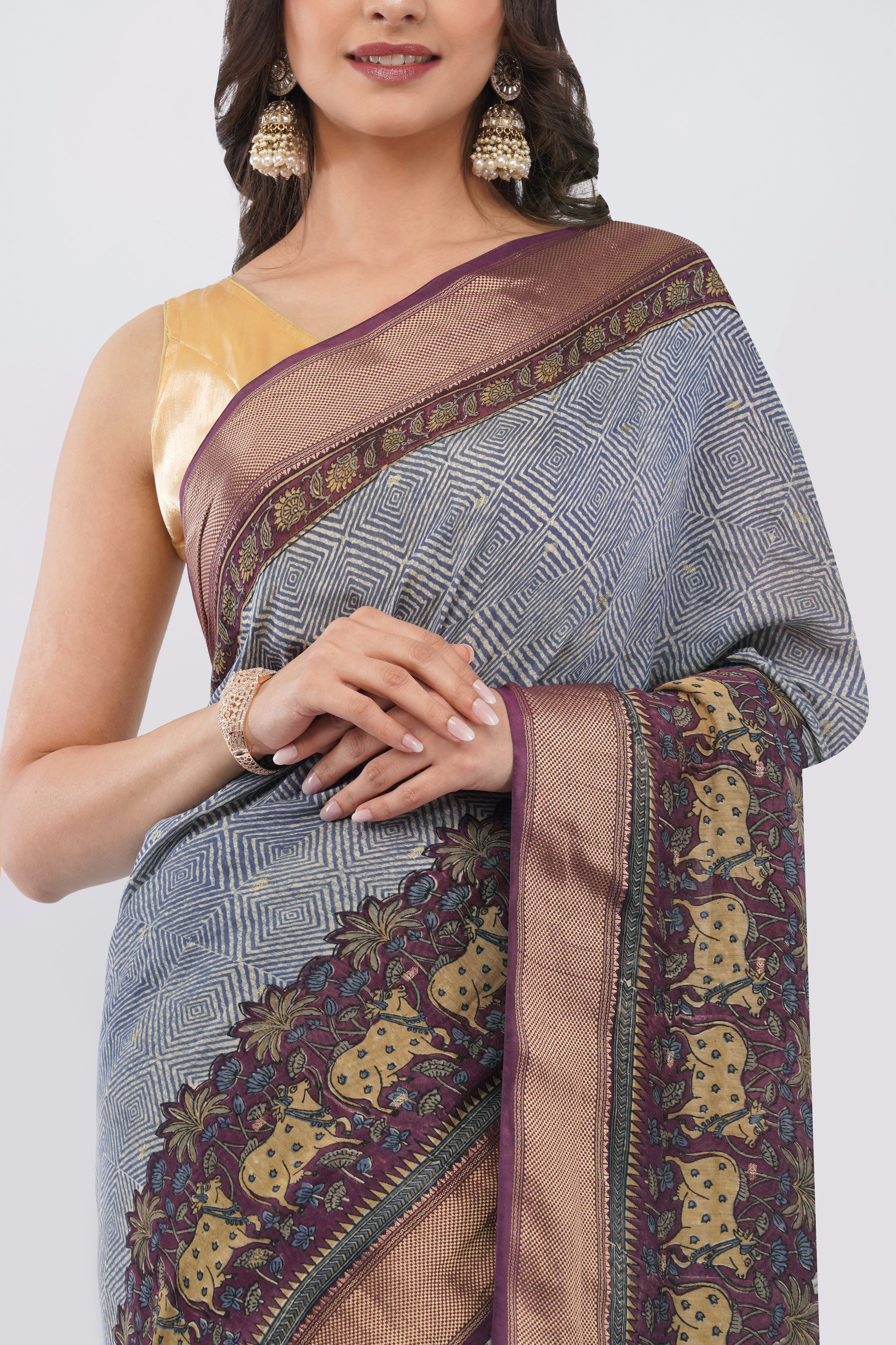 Tulip Handloom Slate Blue Silk Blend Saree with Pichwai Cow Motif Border