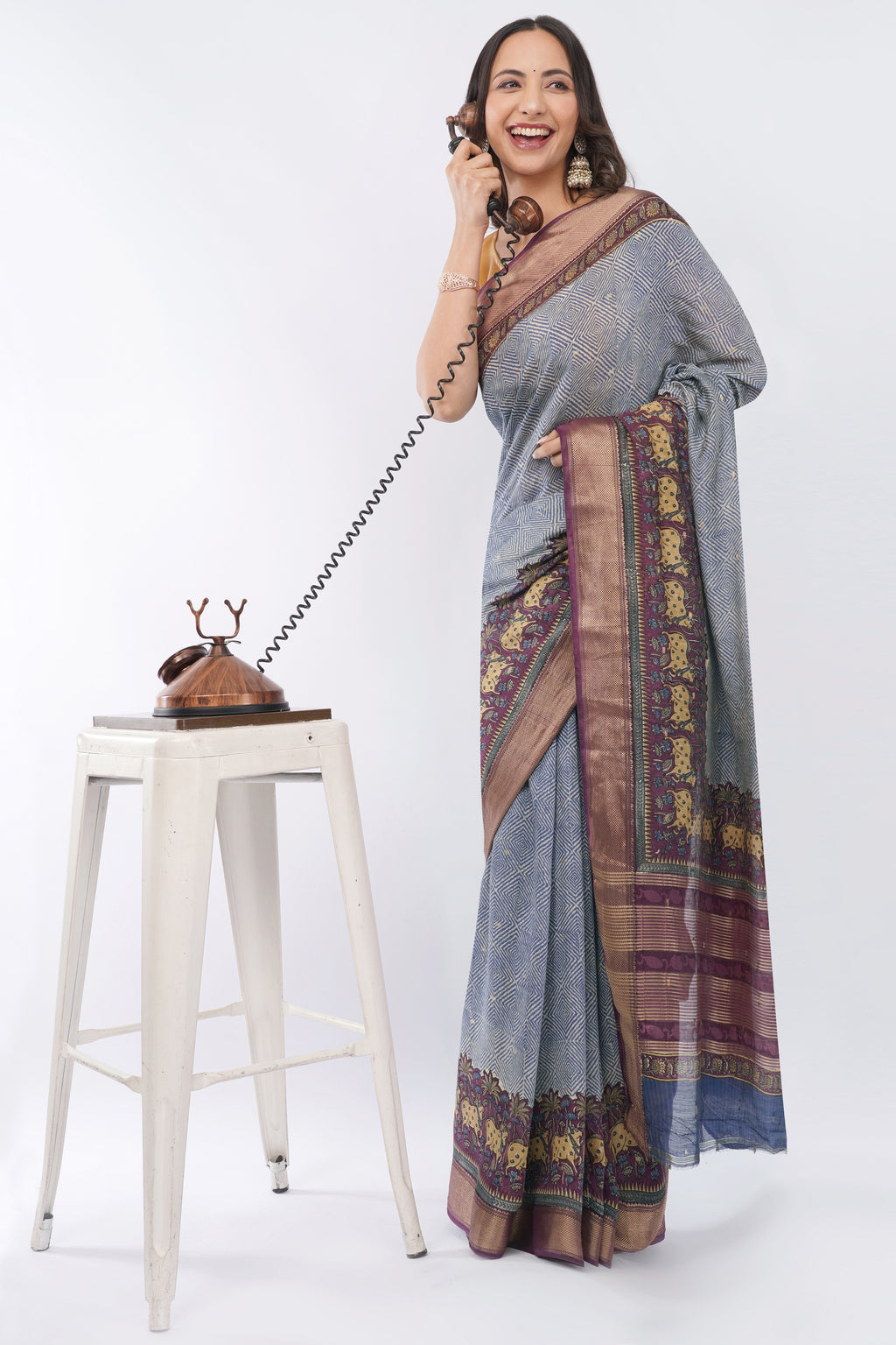 Tulip Handloom Slate Blue Silk Blend Saree with Pichwai Cow Motif Border