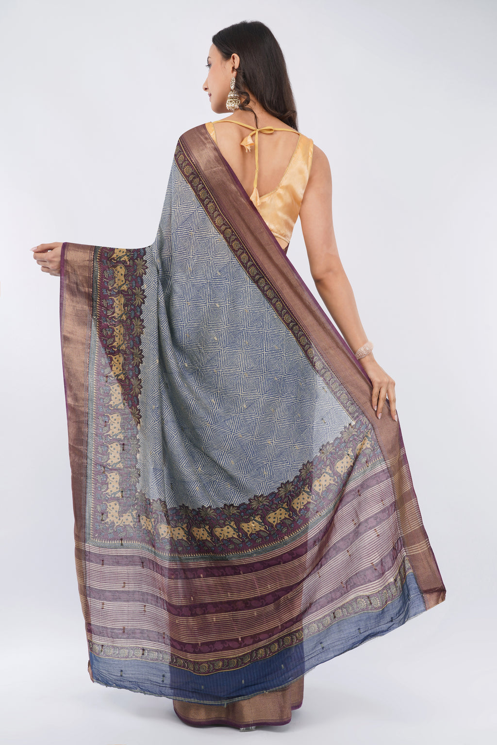 Tulip Handloom Slate Blue Silk Blend Saree with Pichwai Cow Motif Border