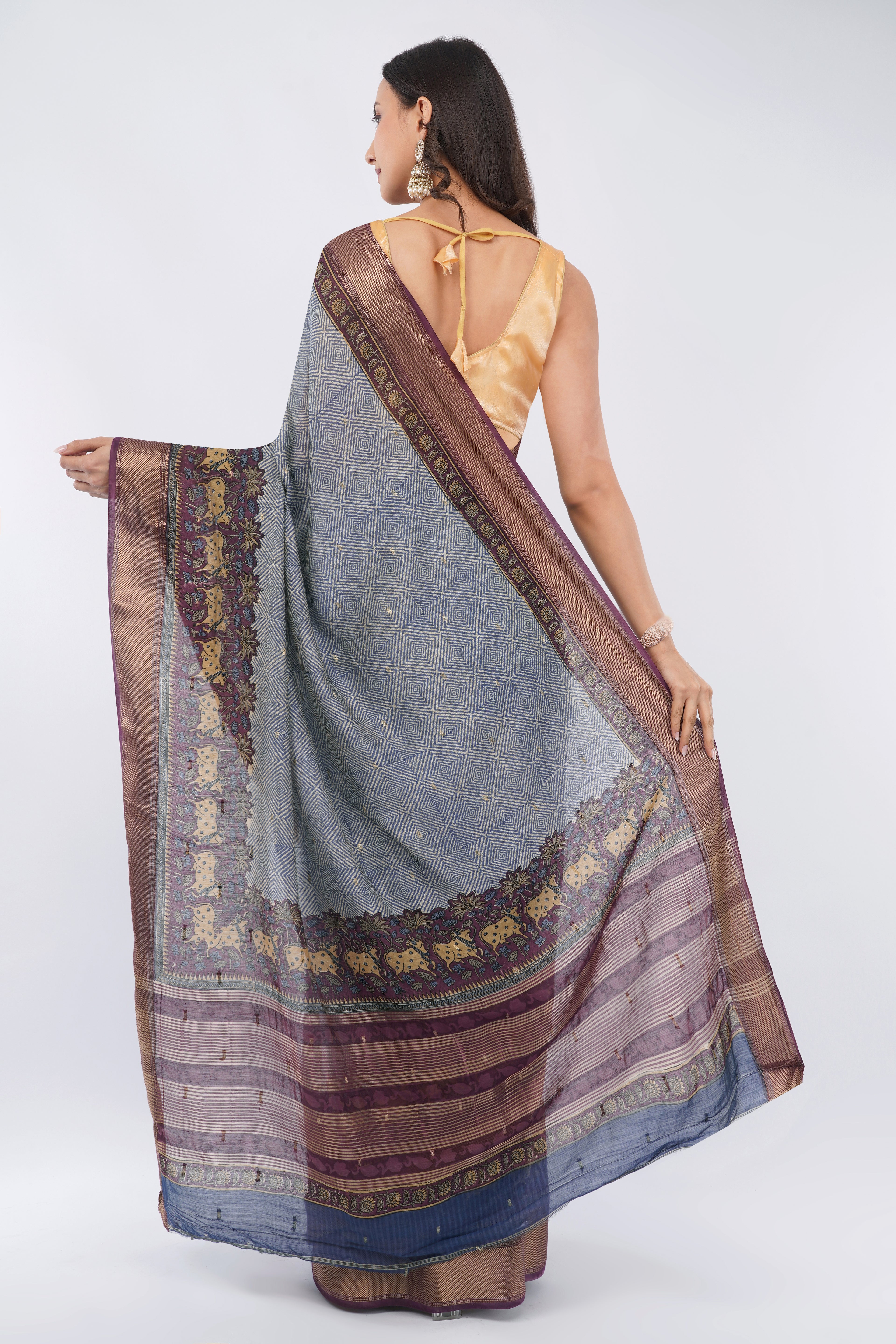 Tulip Handloom Slate Blue Silk Blend Saree with Pichwai Cow Motif Border