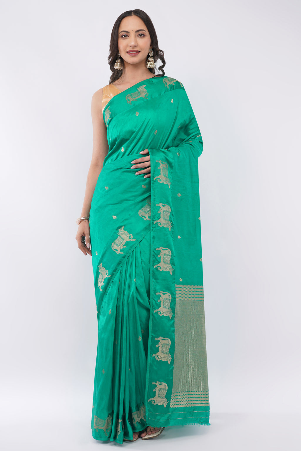 Tulip Handloom Emerald Green Silk Saree with Gold Zari Cow Motifs