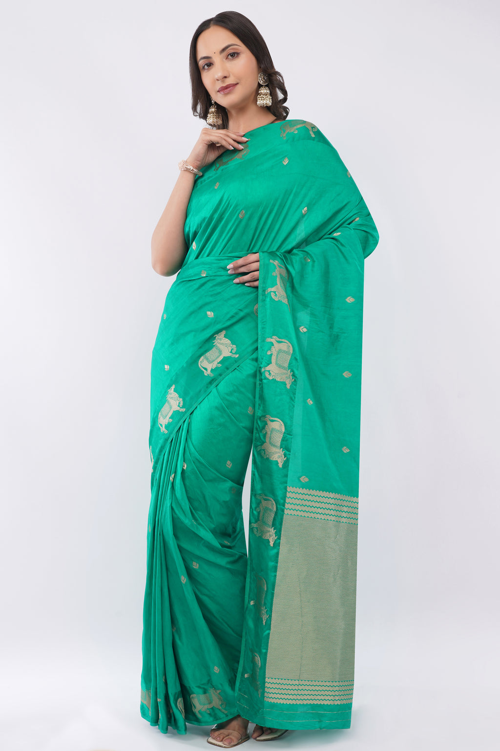 Tulip Handloom Emerald Green Silk Saree with Gold Zari Cow Motifs