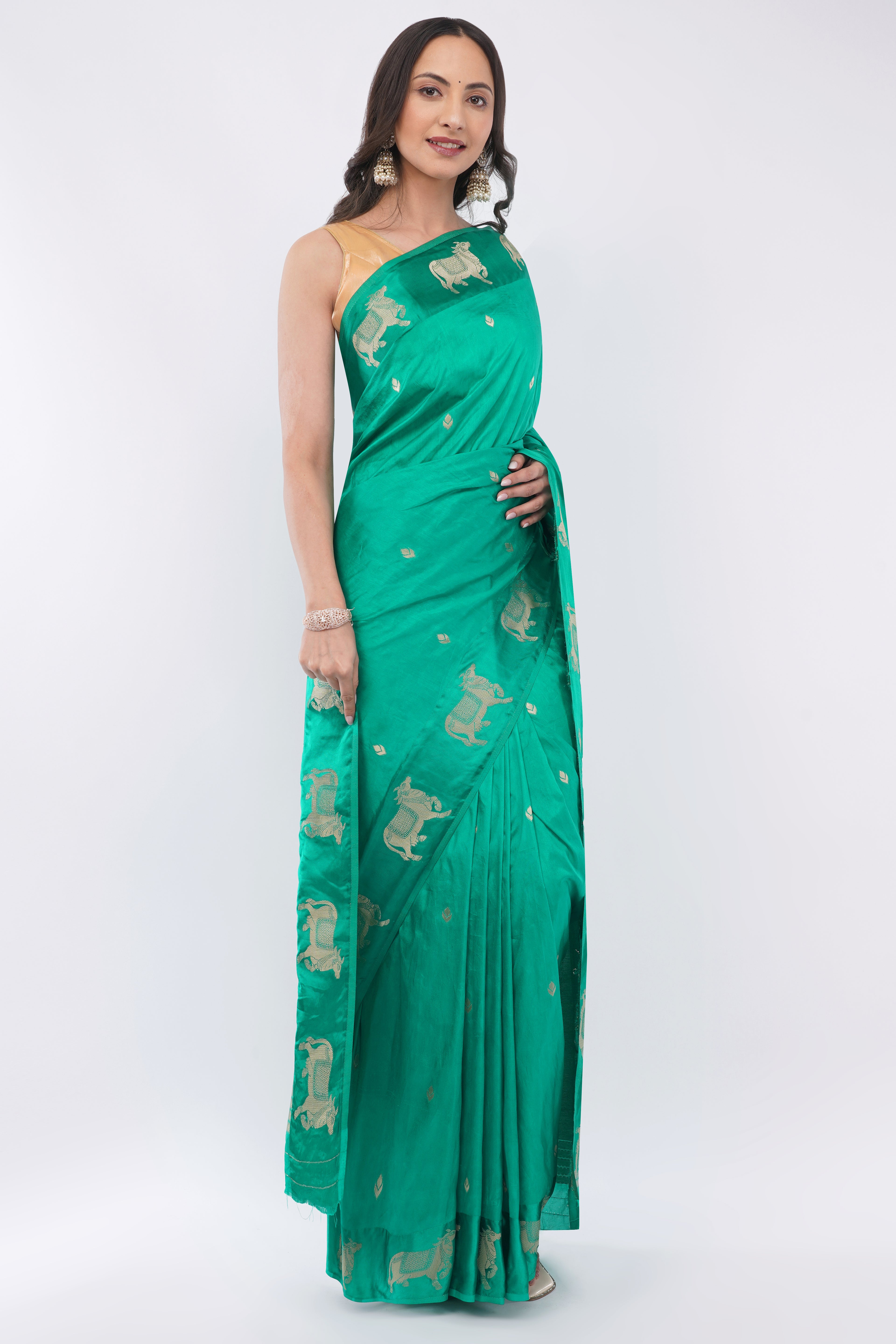 Tulip Handloom Emerald Green Silk Saree with Gold Zari Cow Motifs