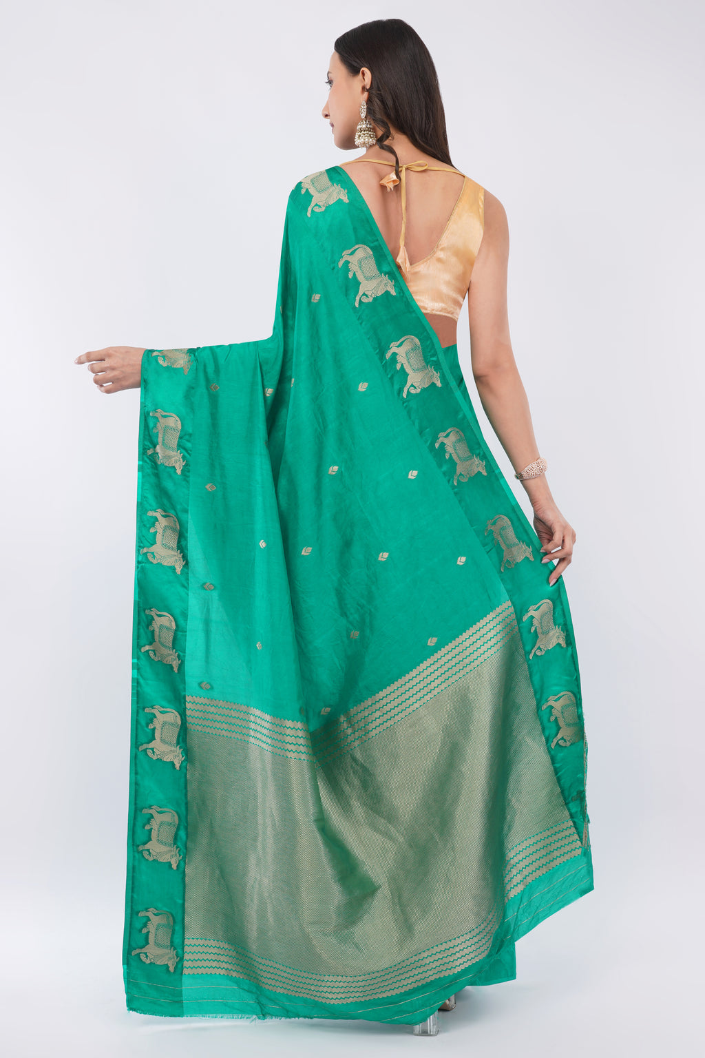 Tulip Handloom Emerald Green Silk Saree with Gold Zari Cow Motifs