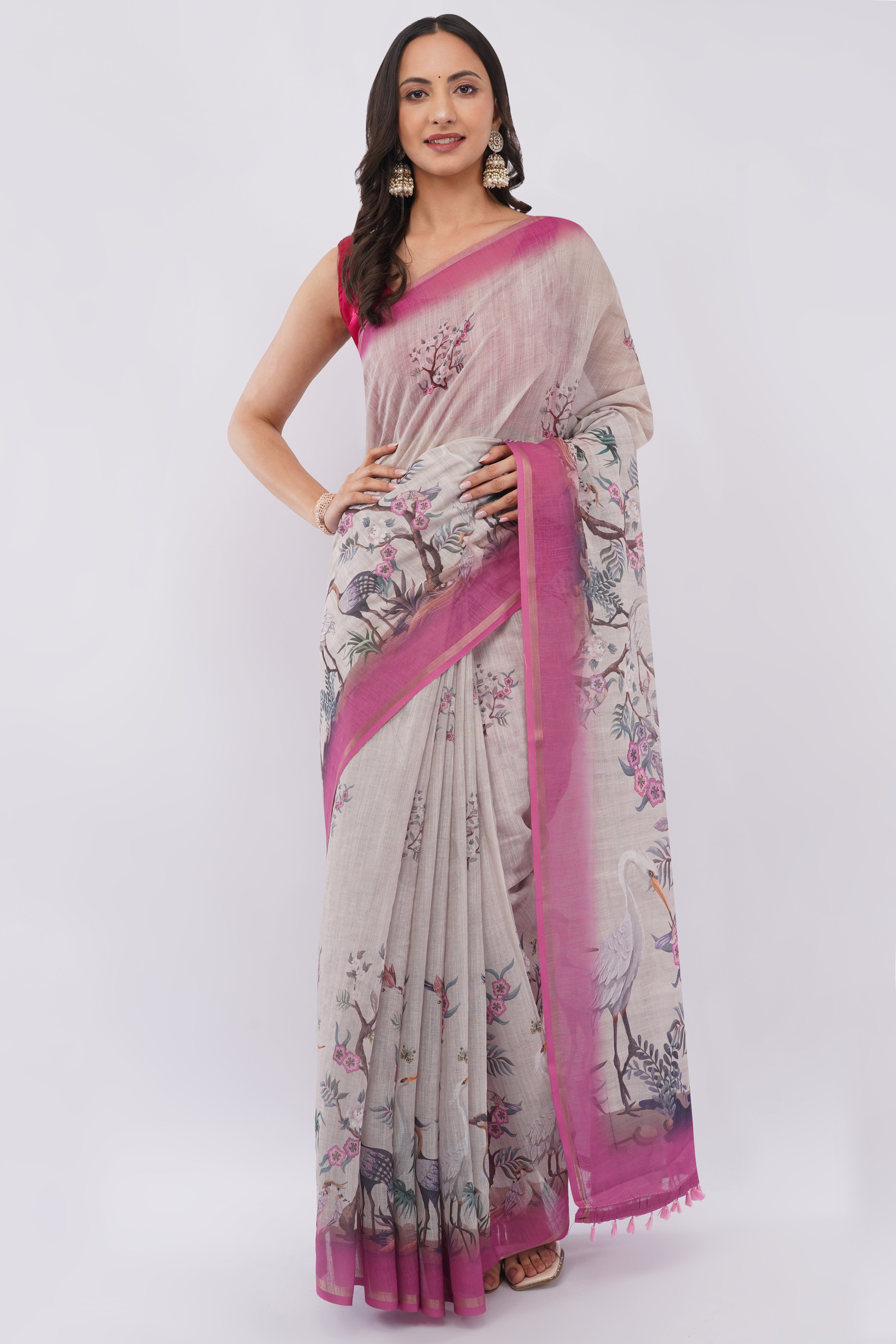 Tulip Handloom Beige Linen Blend Saree with Bird Print & Magenta Pink Border