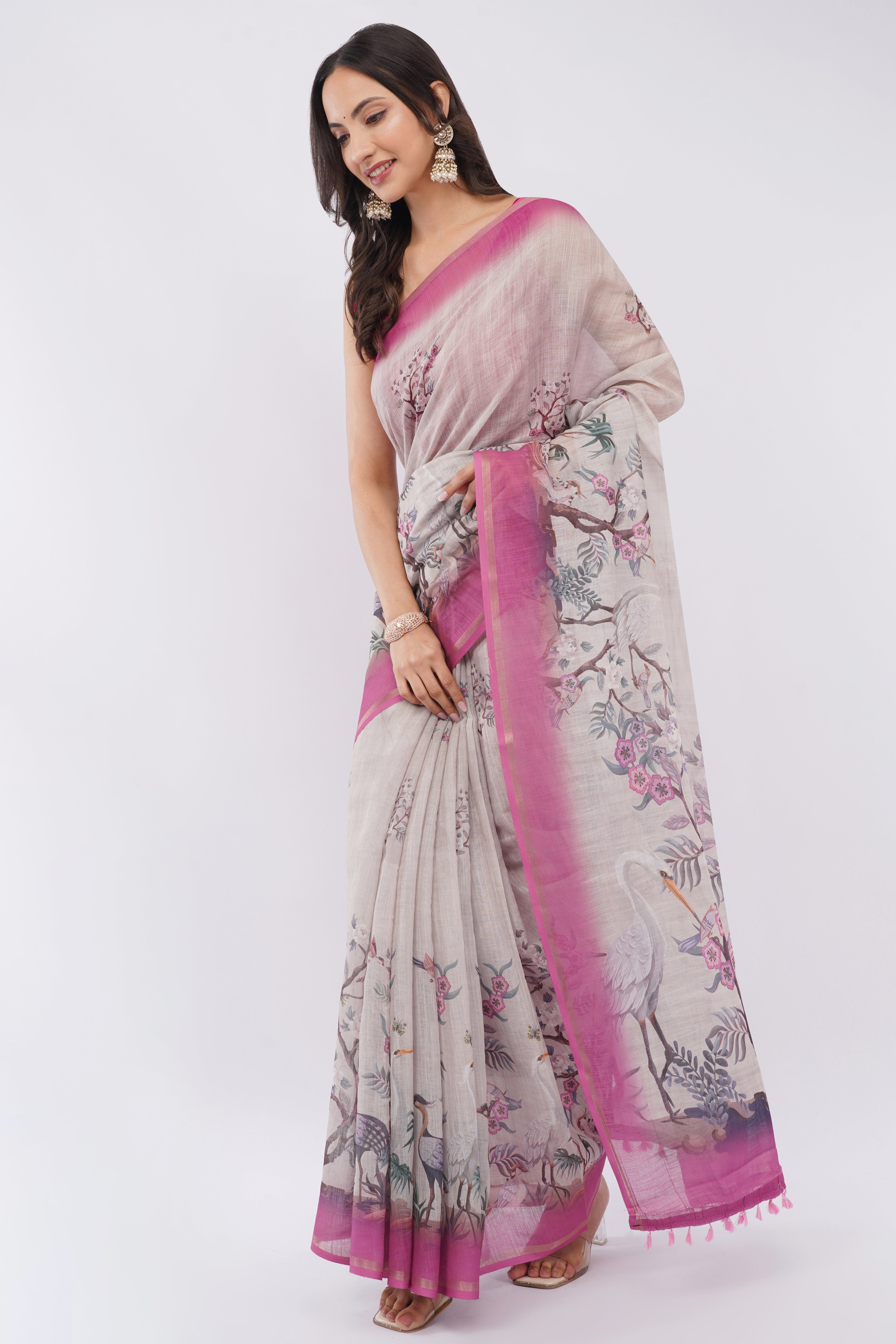 Tulip Handloom Beige Linen Blend Saree with Bird Print & Magenta Pink Border