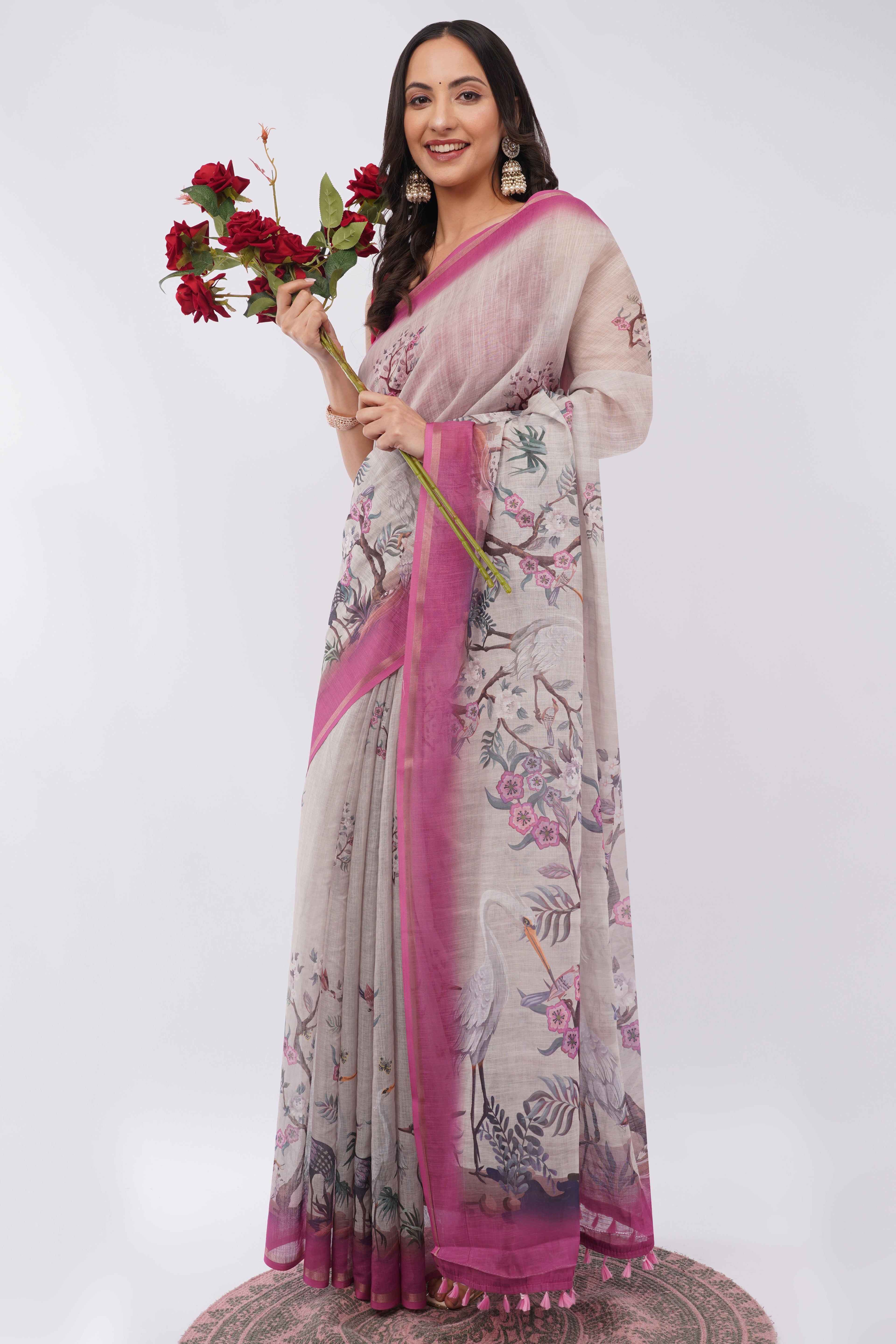 Tulip Handloom Beige Linen Blend Saree with Bird Print & Magenta Pink Border