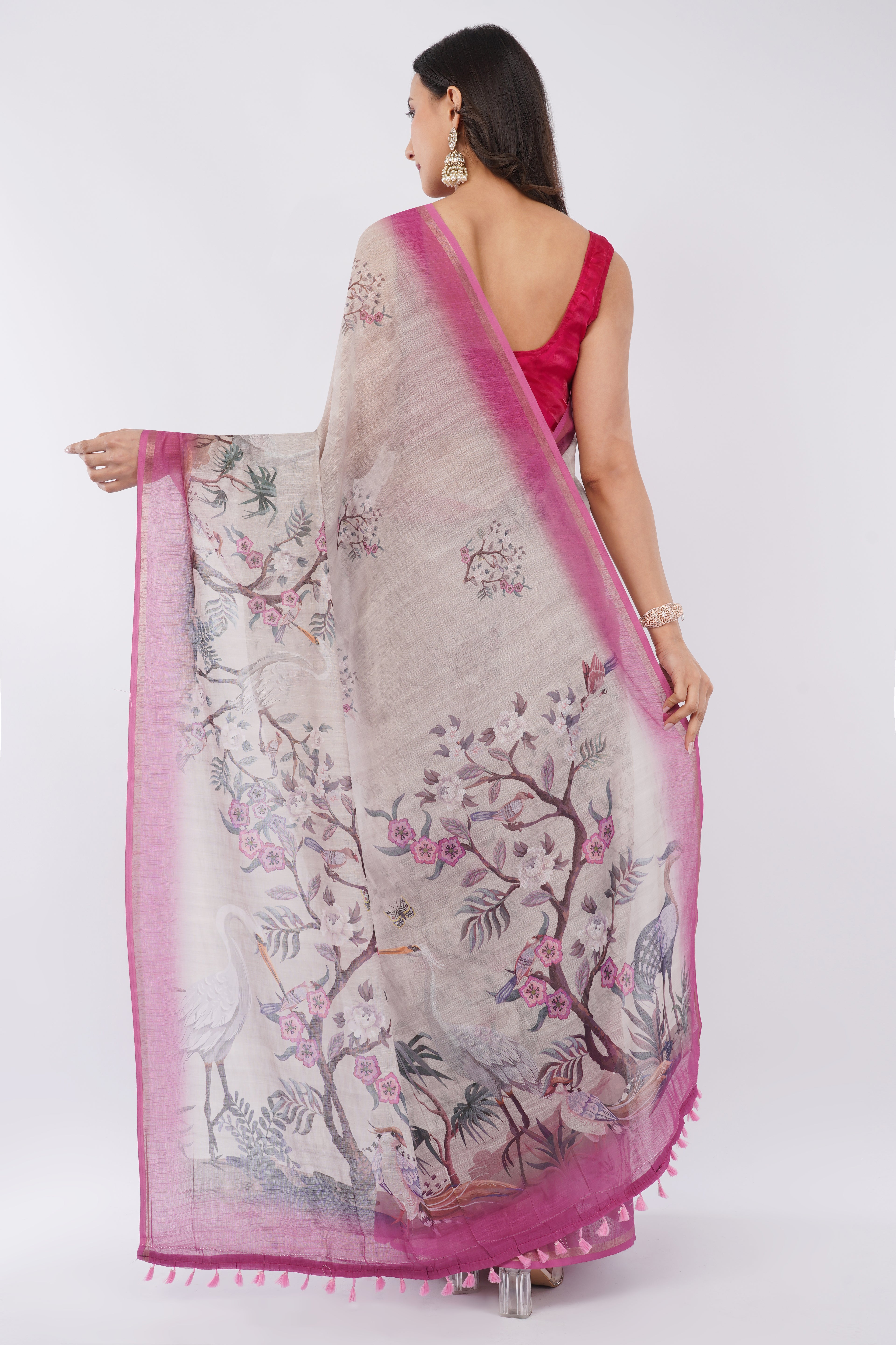 Tulip Handloom Beige Linen Blend Saree with Bird Print & Magenta Pink Border