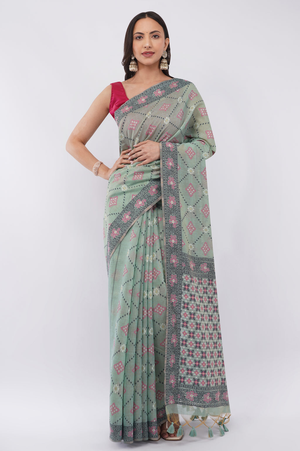Authentic Bengal Handloom Mint Green Cotton Jamdani Saree with Pink Floral Motifs