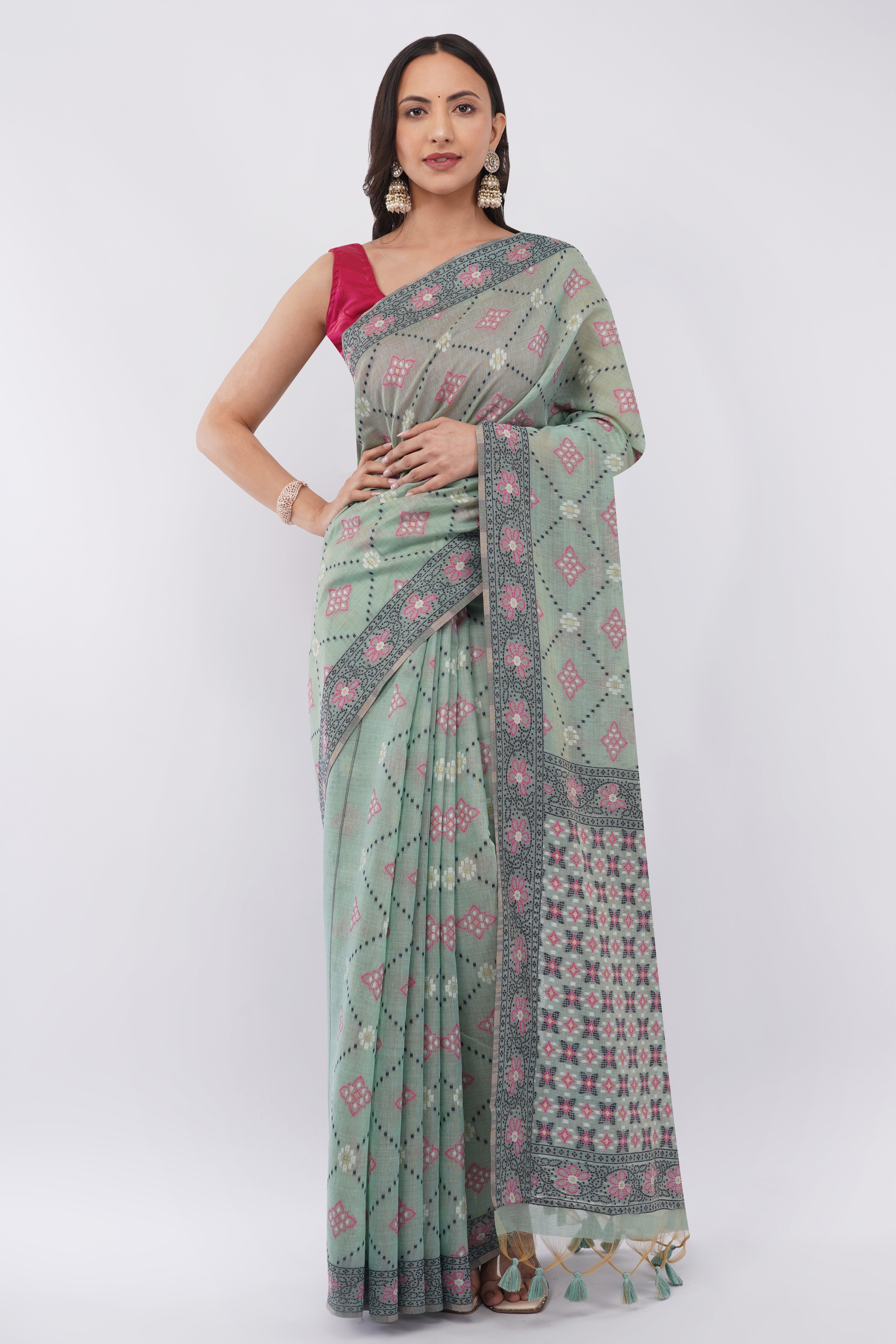 Authentic Bengal Handloom Mint Green Cotton Jamdani Saree with Pink Floral Motifs