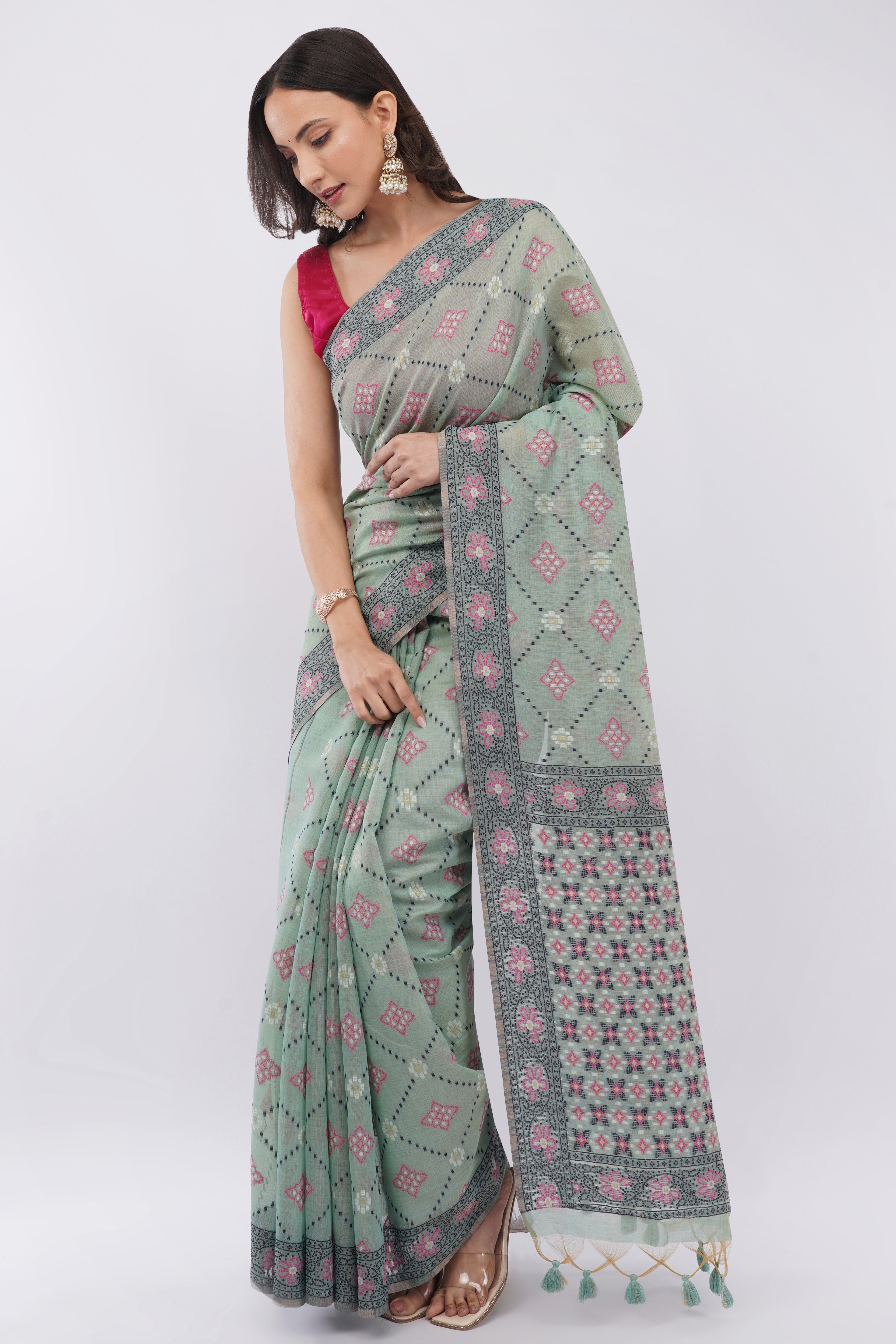 Authentic Bengal Handloom Mint Green Cotton Jamdani Saree with Pink Floral Motifs