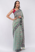 Authentic Bengal Handloom Mint Green Cotton Jamdani Saree with Pink Floral Motifs