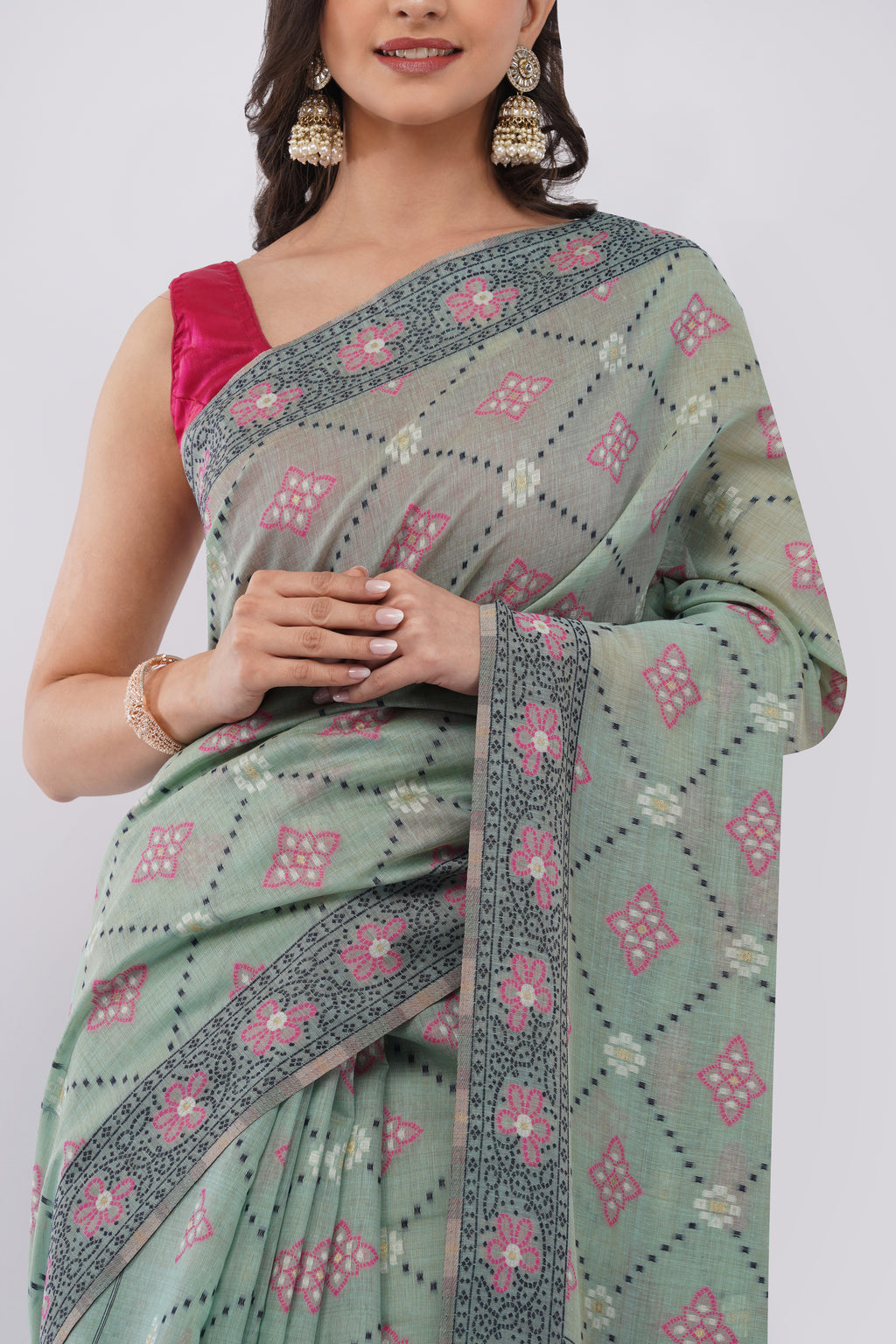 Authentic Bengal Handloom Mint Green Cotton Jamdani Saree with Pink Floral Motifs