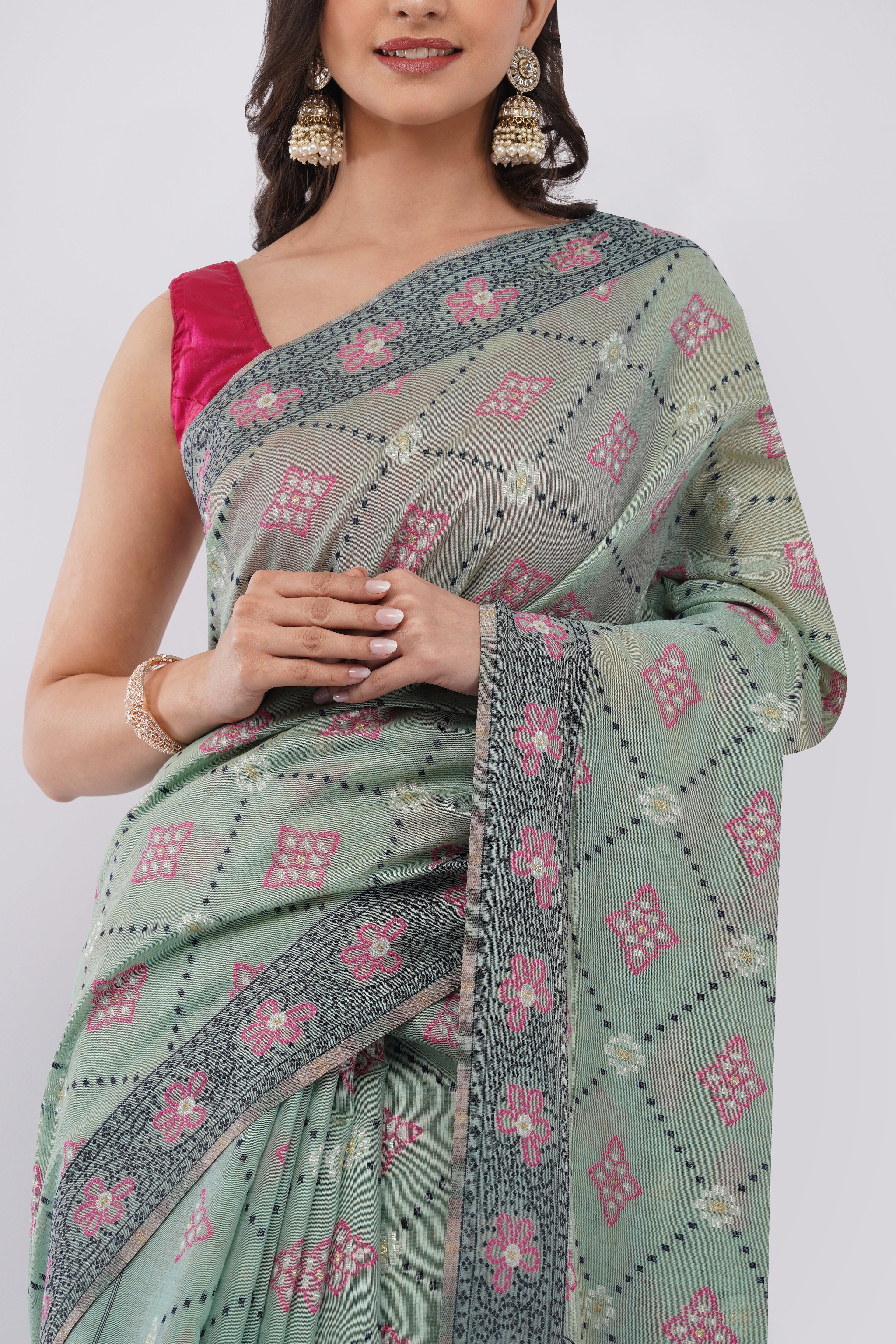 Authentic Bengal Handloom Mint Green Cotton Jamdani Saree with Pink Floral Motifs