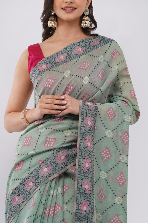 Authentic Bengal Handloom Mint Green Cotton Jamdani Saree with Pink Floral Motifs