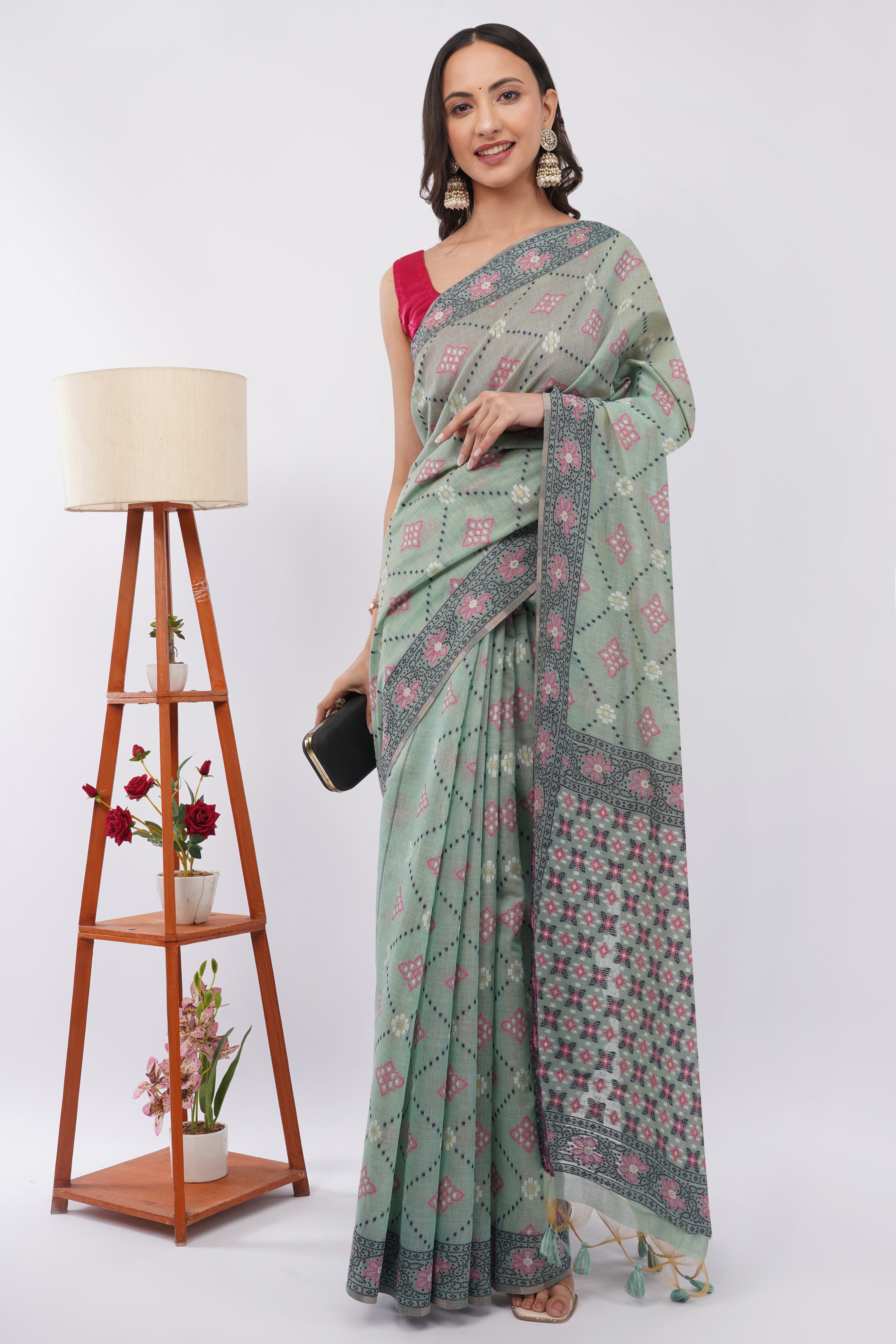 Authentic Bengal Handloom Mint Green Cotton Jamdani Saree with Pink Floral Motifs