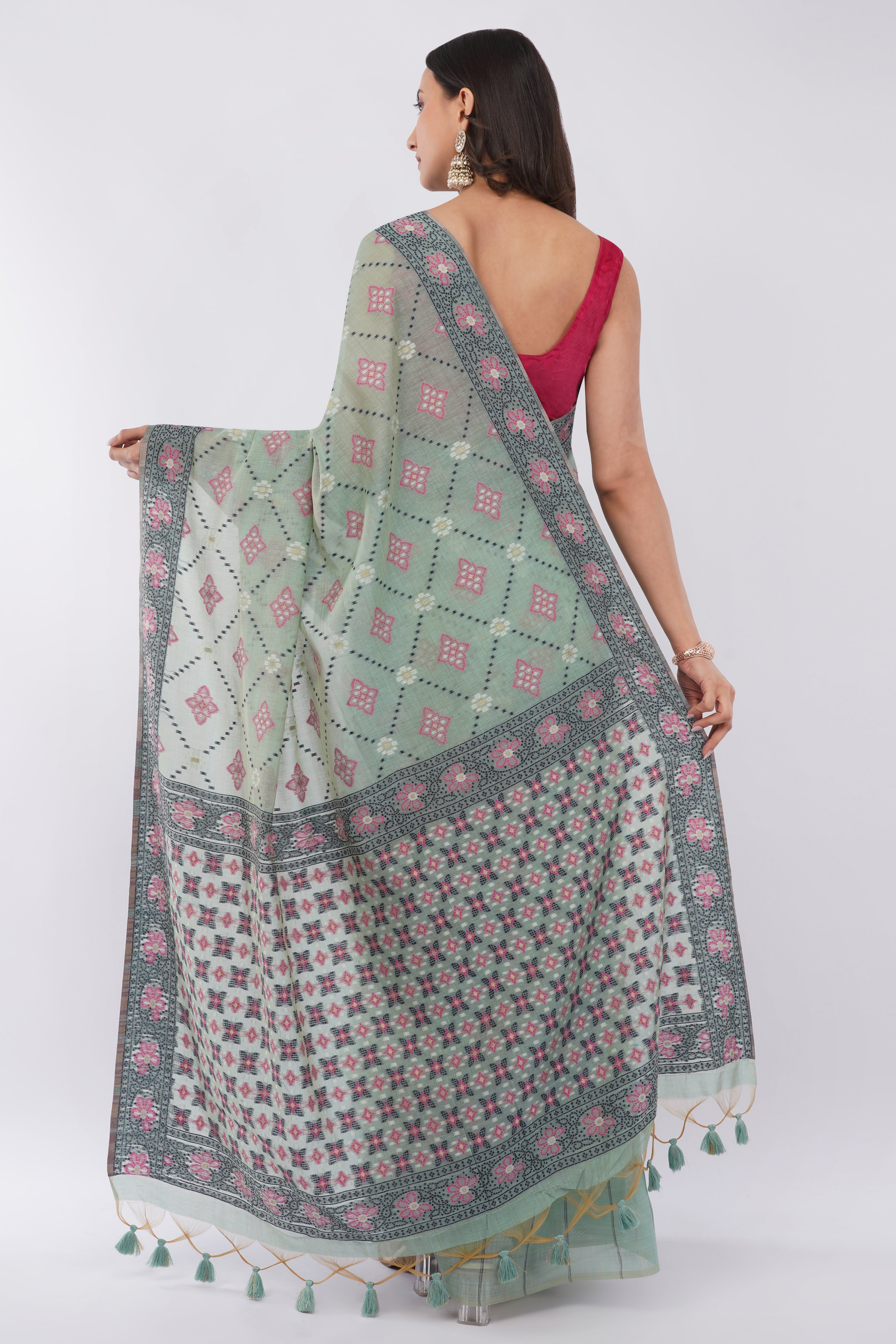 Authentic Bengal Handloom Mint Green Cotton Jamdani Saree with Pink Floral Motifs