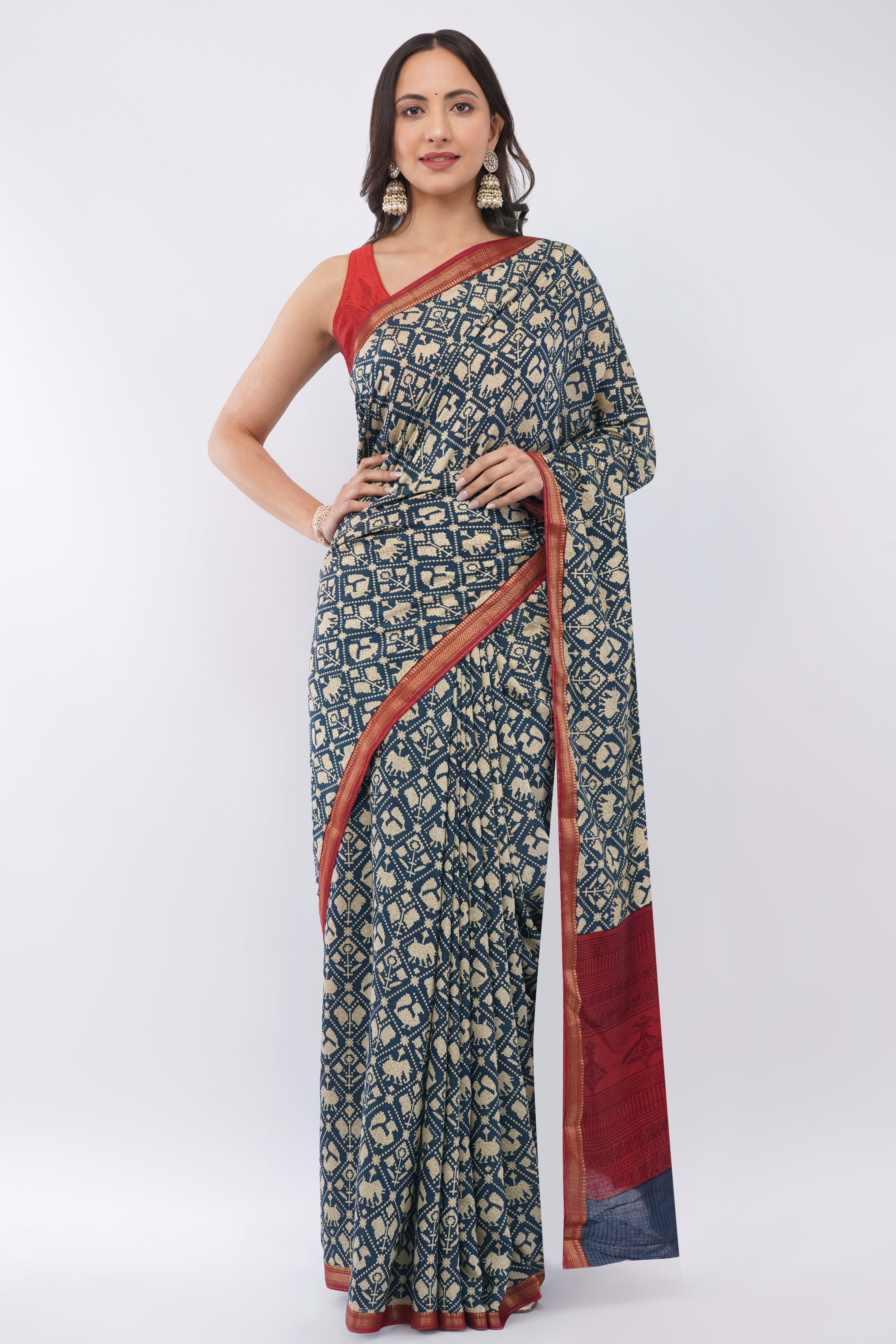 Exquisite Navy Blue Suvin Cotton Saree with Traditional Patola Prints & Maroon Border