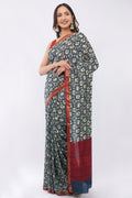 Exquisite Navy Blue Suvin Cotton Saree with Traditional Patola Prints & Maroon Border