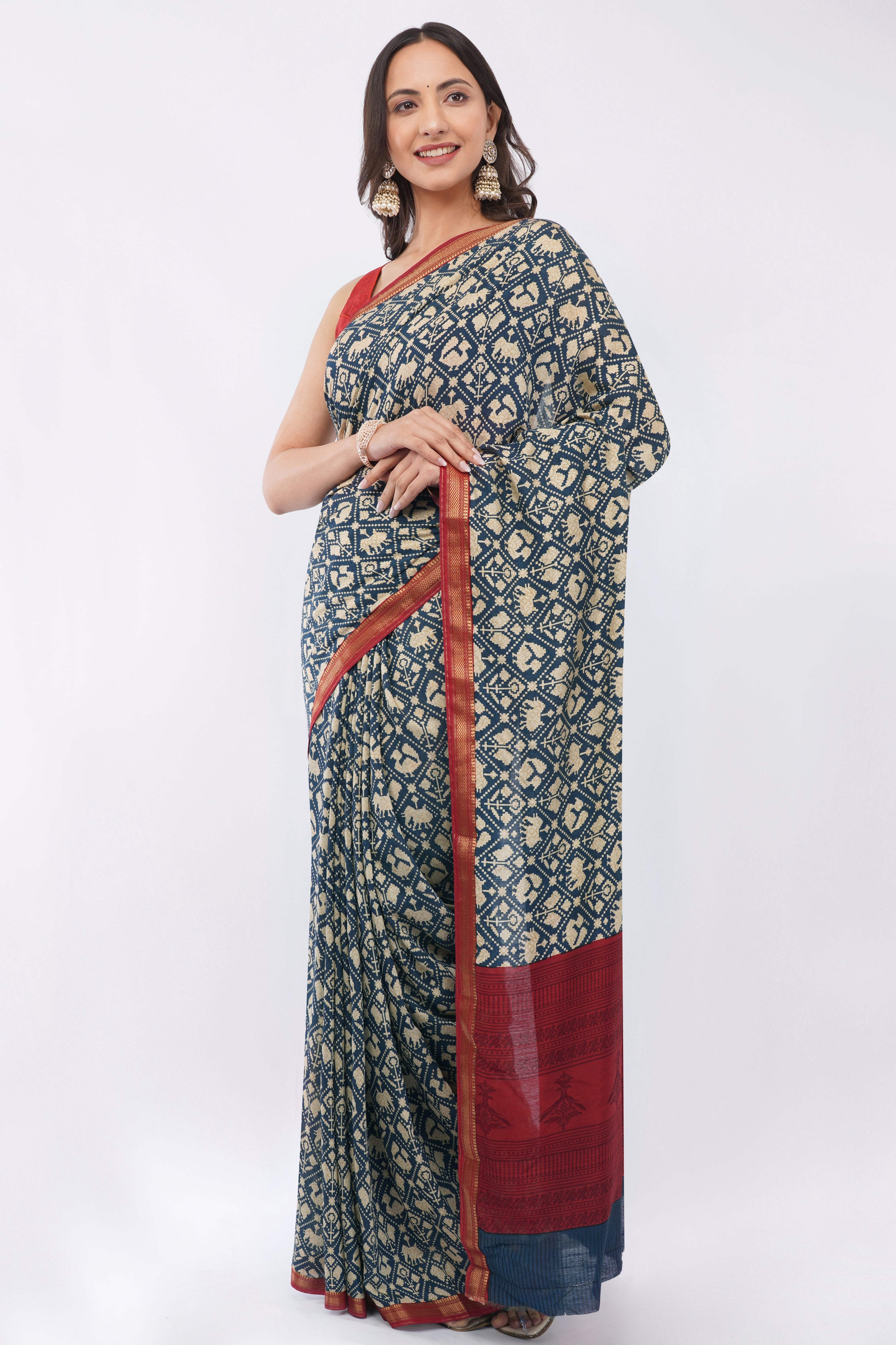 Exquisite Navy Blue Suvin Cotton Saree with Traditional Patola Prints & Maroon Border