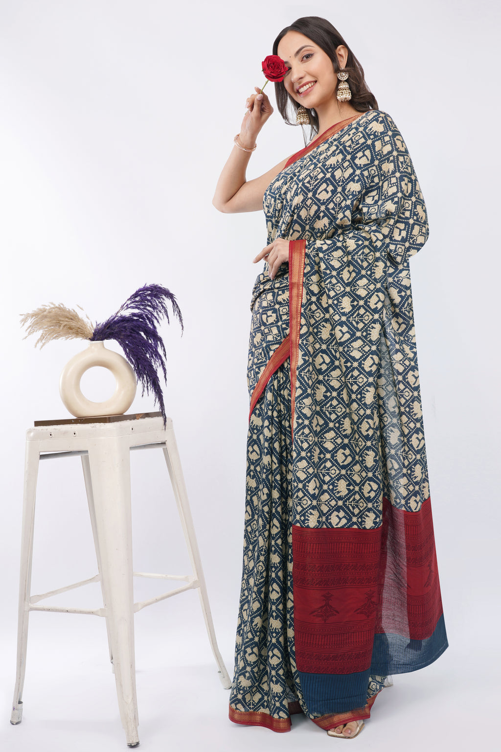 Exquisite Navy Blue Suvin Cotton Saree with Traditional Patola Prints & Maroon Border